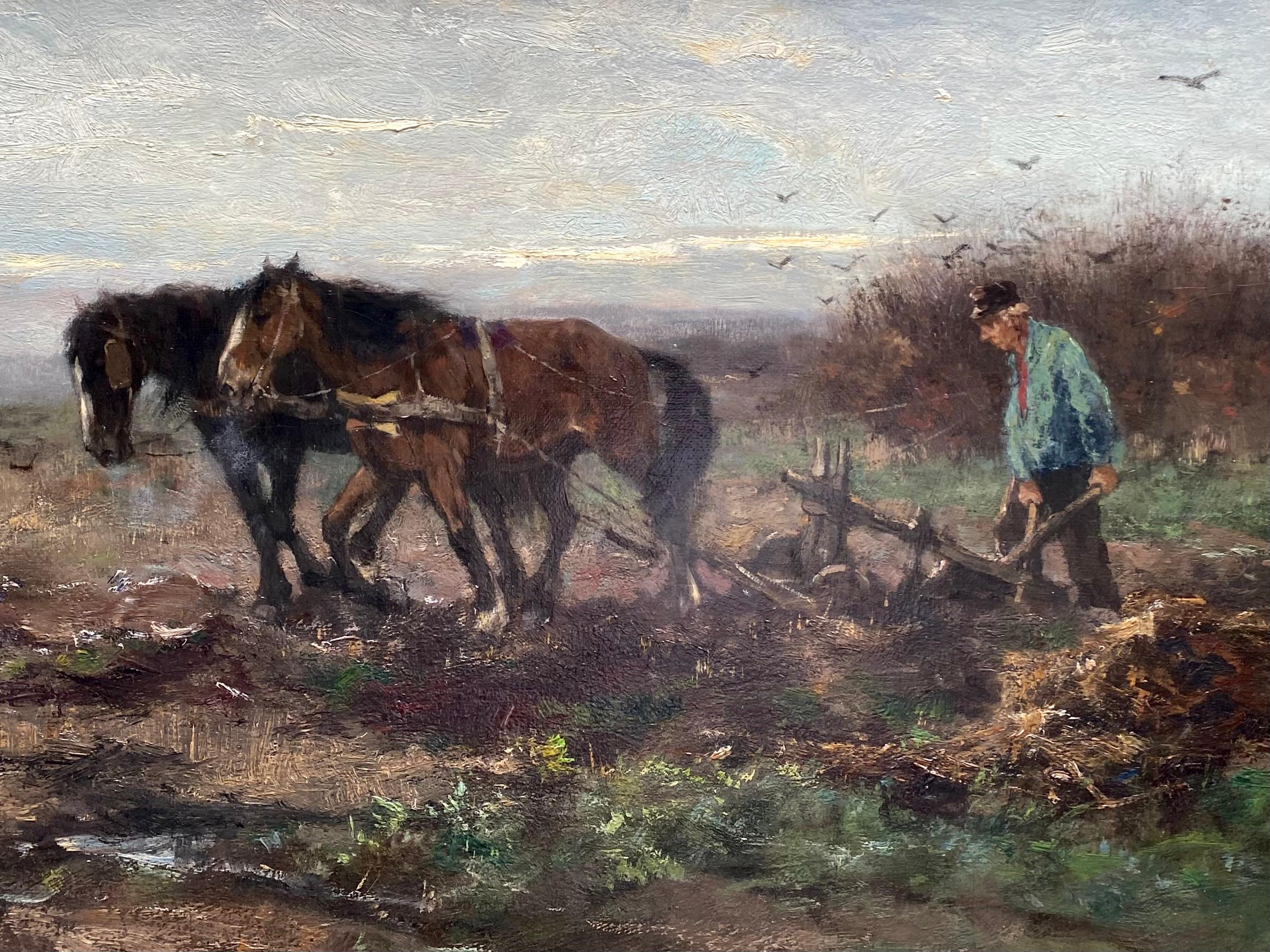 'Spring Ploughing with Two Horses' by Johan Scherrewitz (1868 – 1951) - Romantic Painting by Johan Frederik Cornelis Scherrewitz
