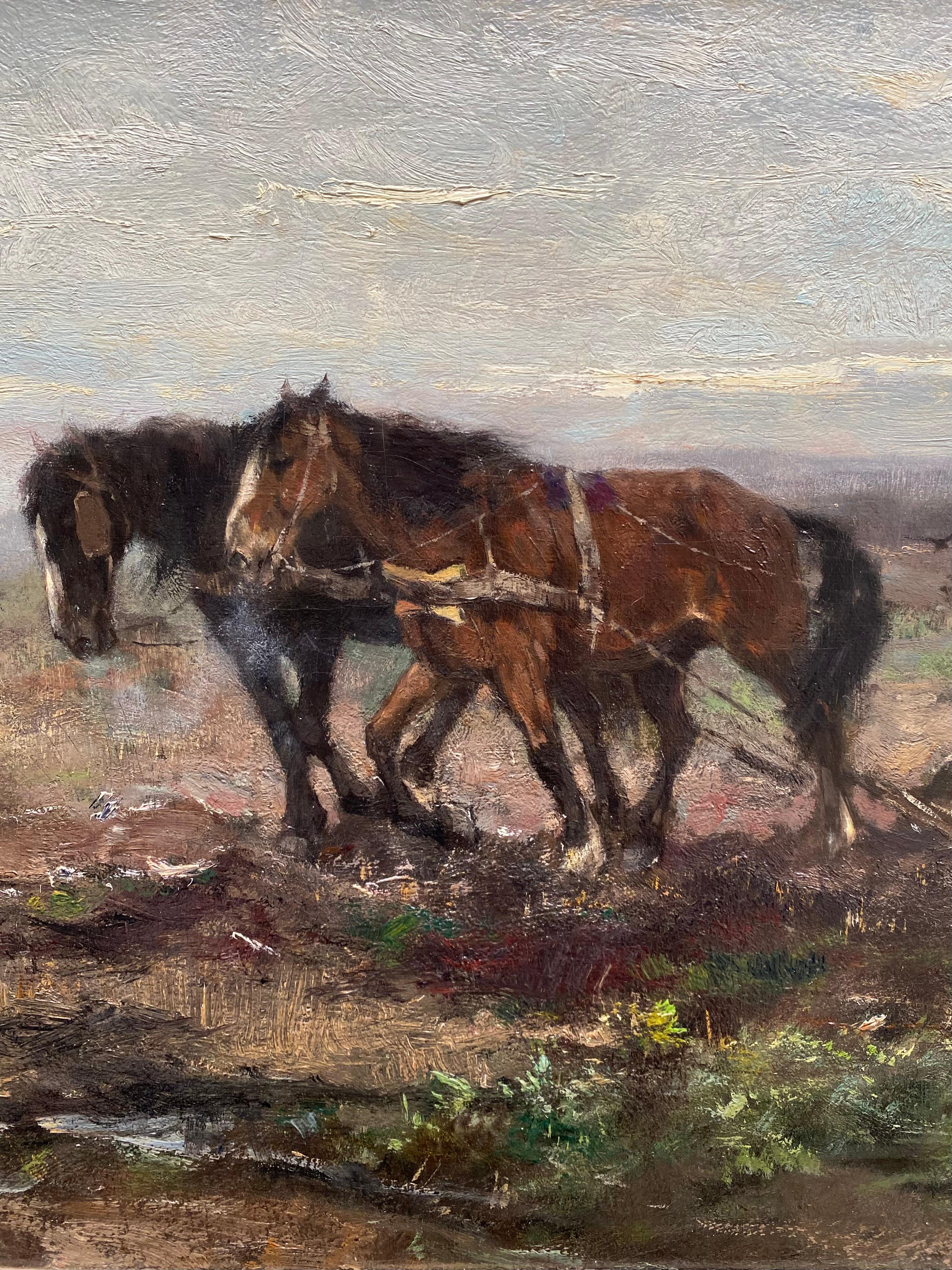 'Spring Ploughing with Two Horses' by Johan Scherrewitz (1868 – 1951) - Brown Animal Painting by Johan Frederik Cornelis Scherrewitz