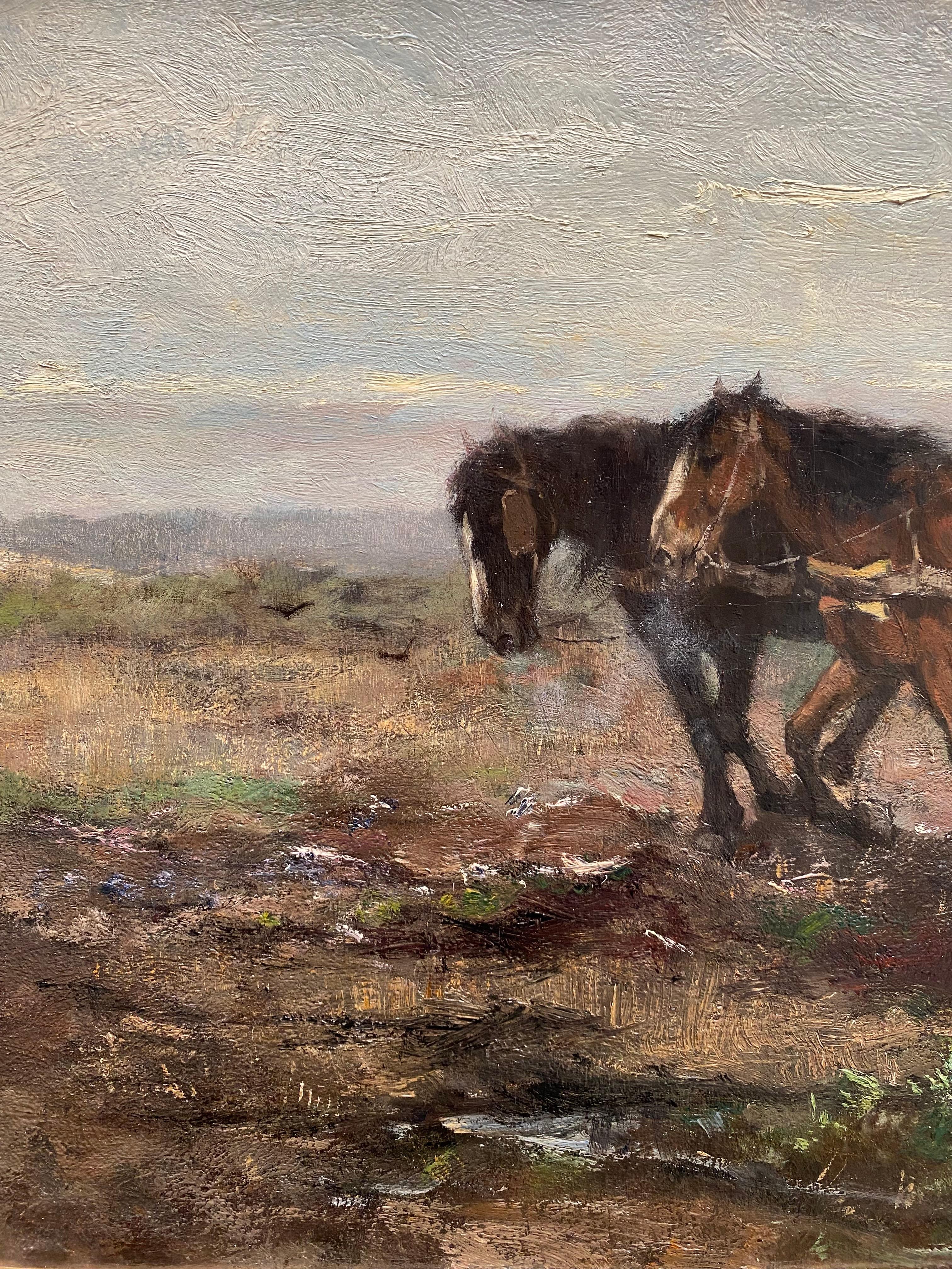 Johan Frederik Cornelis Scherrewitz
Amsterdam 1868 – 1951 Hilversum
Dutch Painter

'Spring Ploughing with Two Horses'

Signature: signed lower right 'J. Scherrewitz'
Medium: oil on canvas
Dimensions: image size 41 x 76 cm, frame 55 x 90