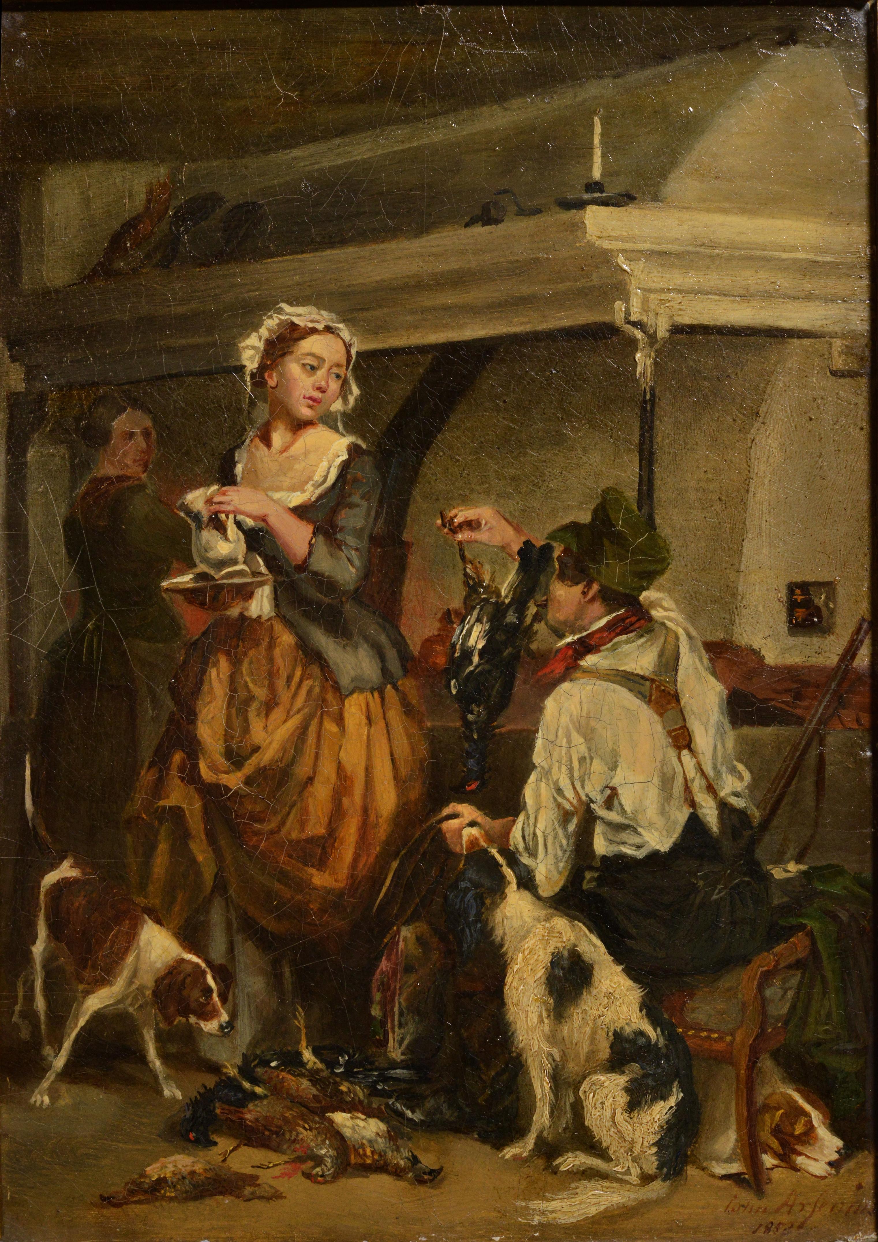 After a successful hunt 1858 Kitchen Genre Scene Swedish Animalist J. Arsenius - Painting by Johan Georg Arsenius