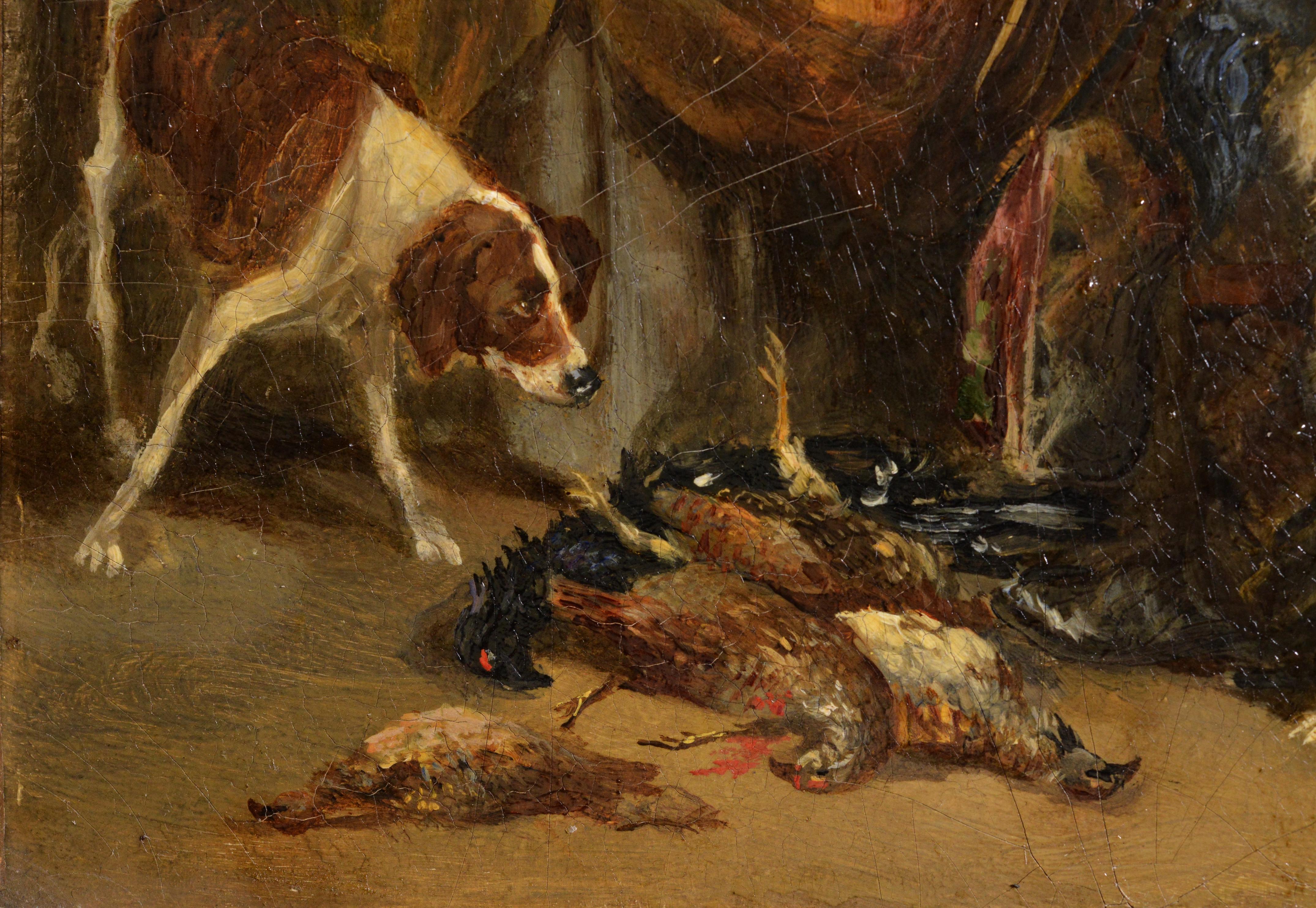 Nach einer erfolgreichen Jagd 1858 Küche Genre-Szene Schwedischer Tiermaler J. Arsenius (Braun), Figurative Painting, von Johan Georg Arsenius