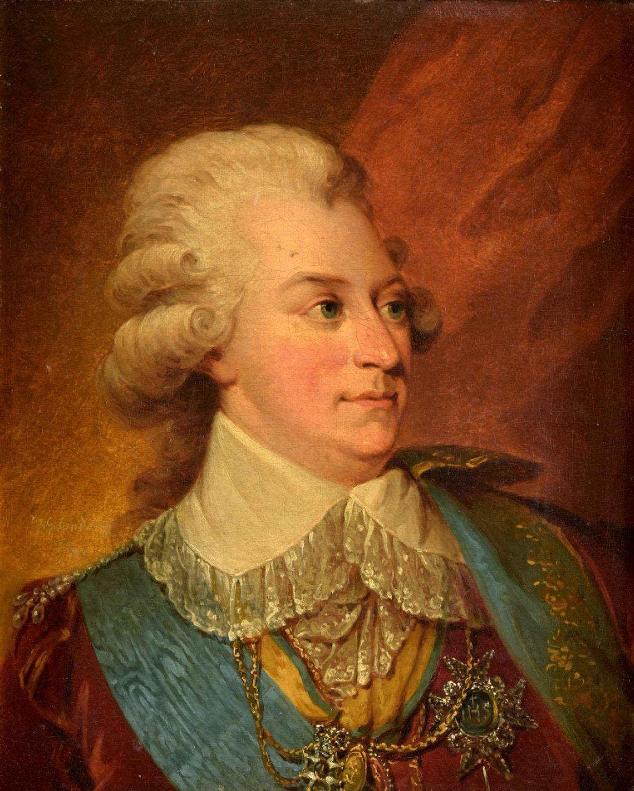Gustav III, Portrait by Johan Gustav Sandberg in Period Frame - Painting by Johan Gustaf Sandberg