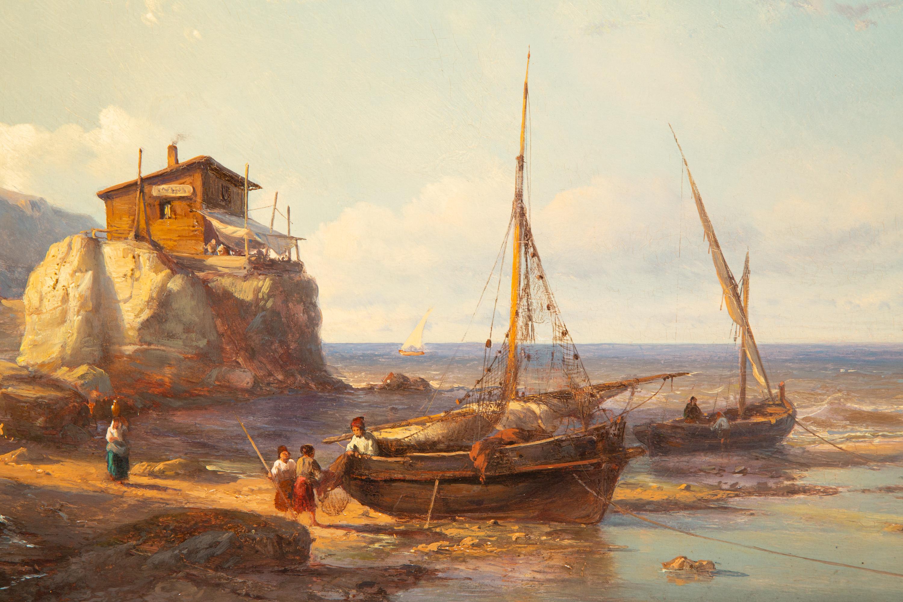 ‘Fishermen’s Cove with two fishing boats on the beach’ by Johan Hendrik Meijer - Romantic Painting by Meijer, Johan Hendrik Louis