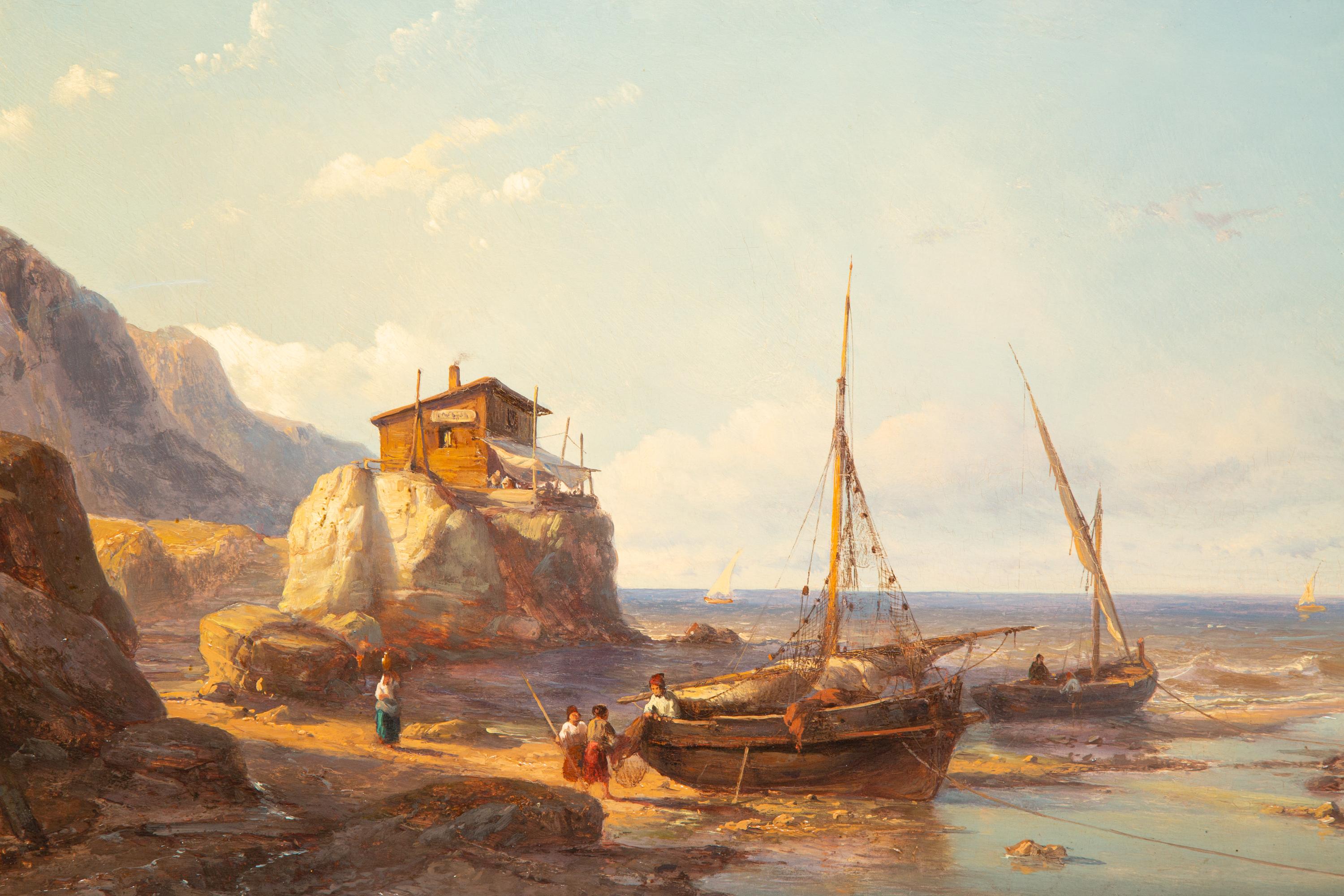 ‘Fishermen’s Cove with two fishing boats on the beach’ by Johan Hendrik Meijer For Sale 1
