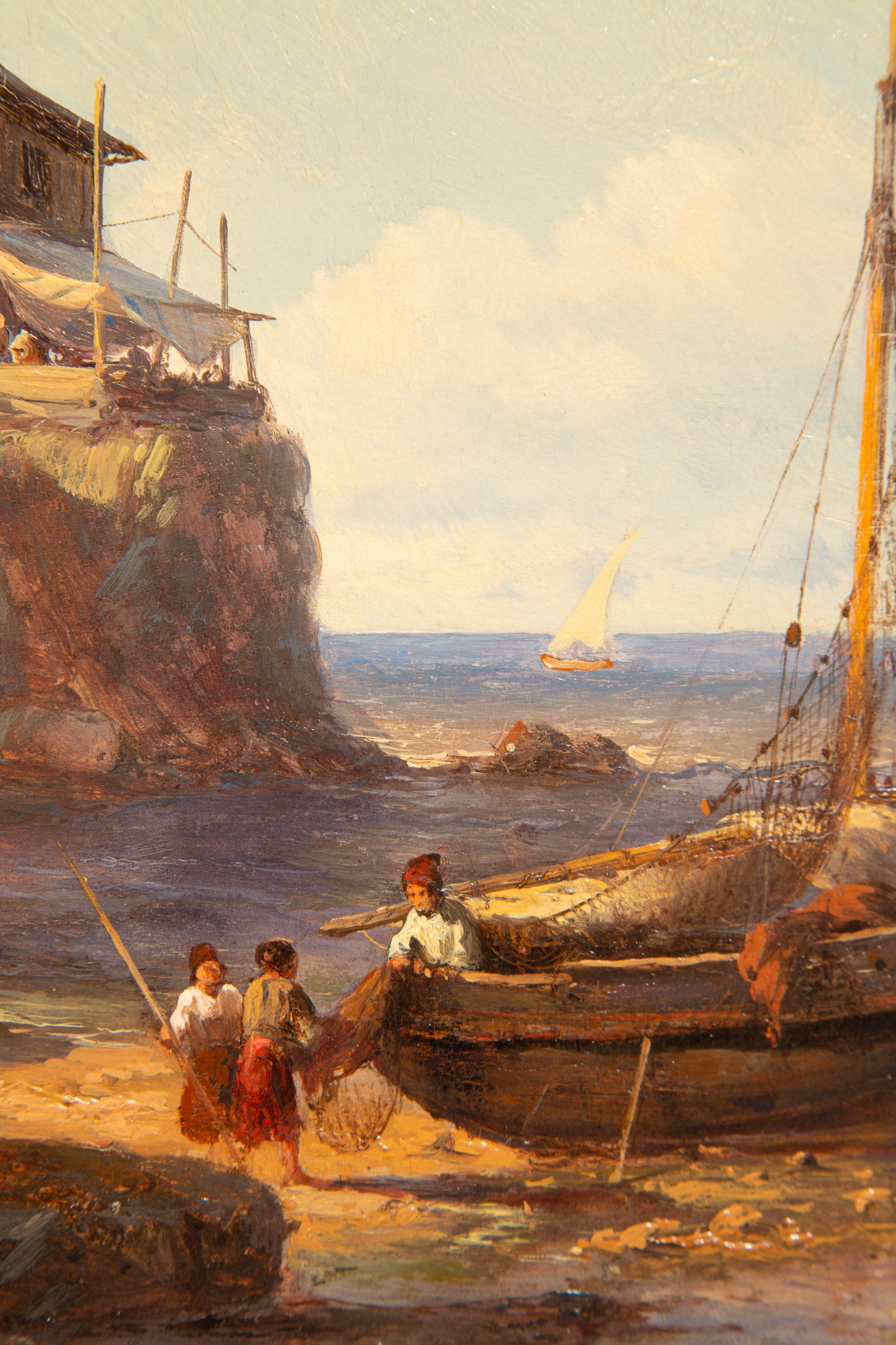 ‘Fishermen’s Cove with two fishing boats on the beach’ by Johan Hendrik Meijer For Sale 4