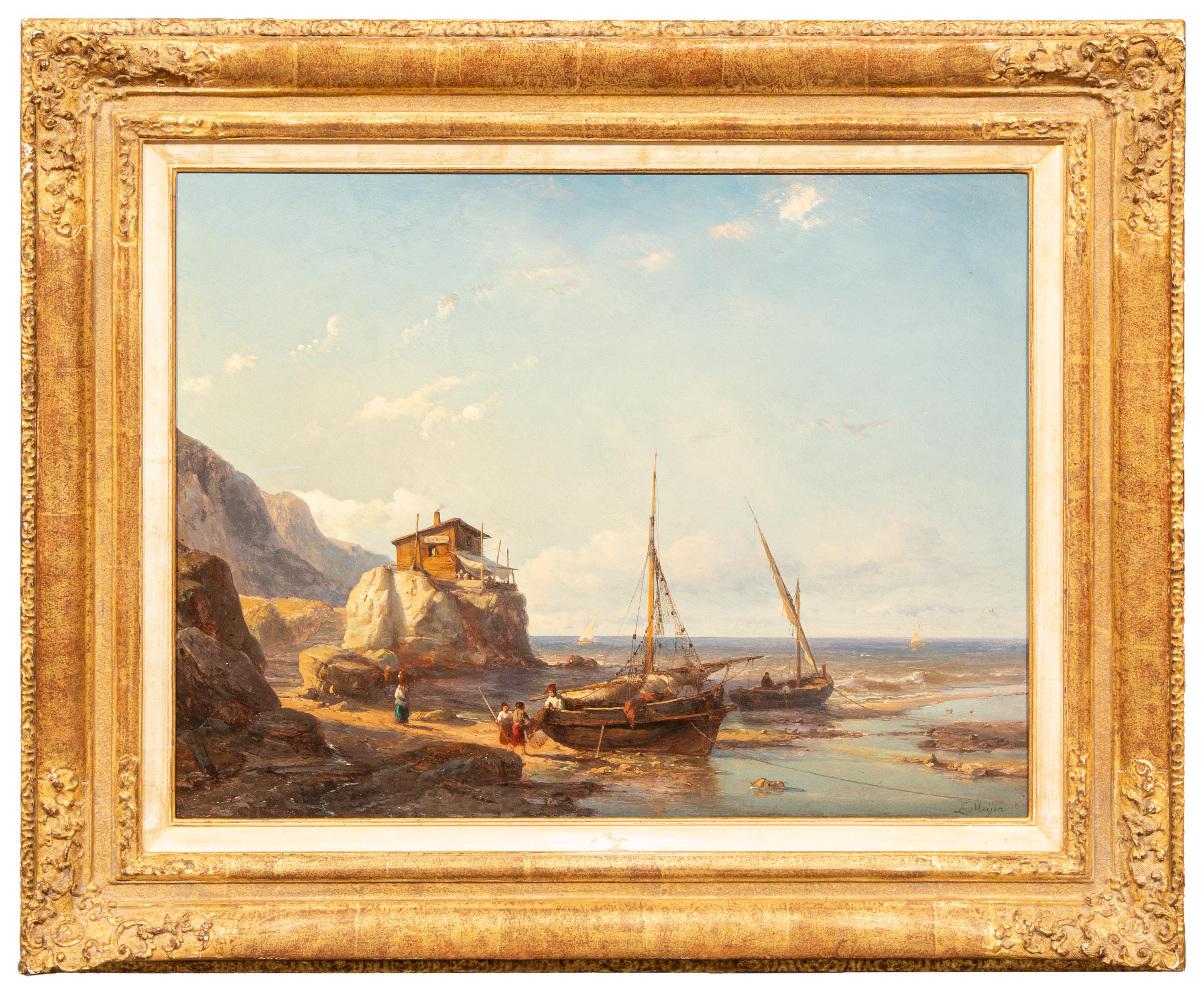Meijer, Johan Hendrik Louis Landscape Painting - ‘Fishermen’s Cove with two fishing boats on the beach’ by Johan Hendrik Meijer