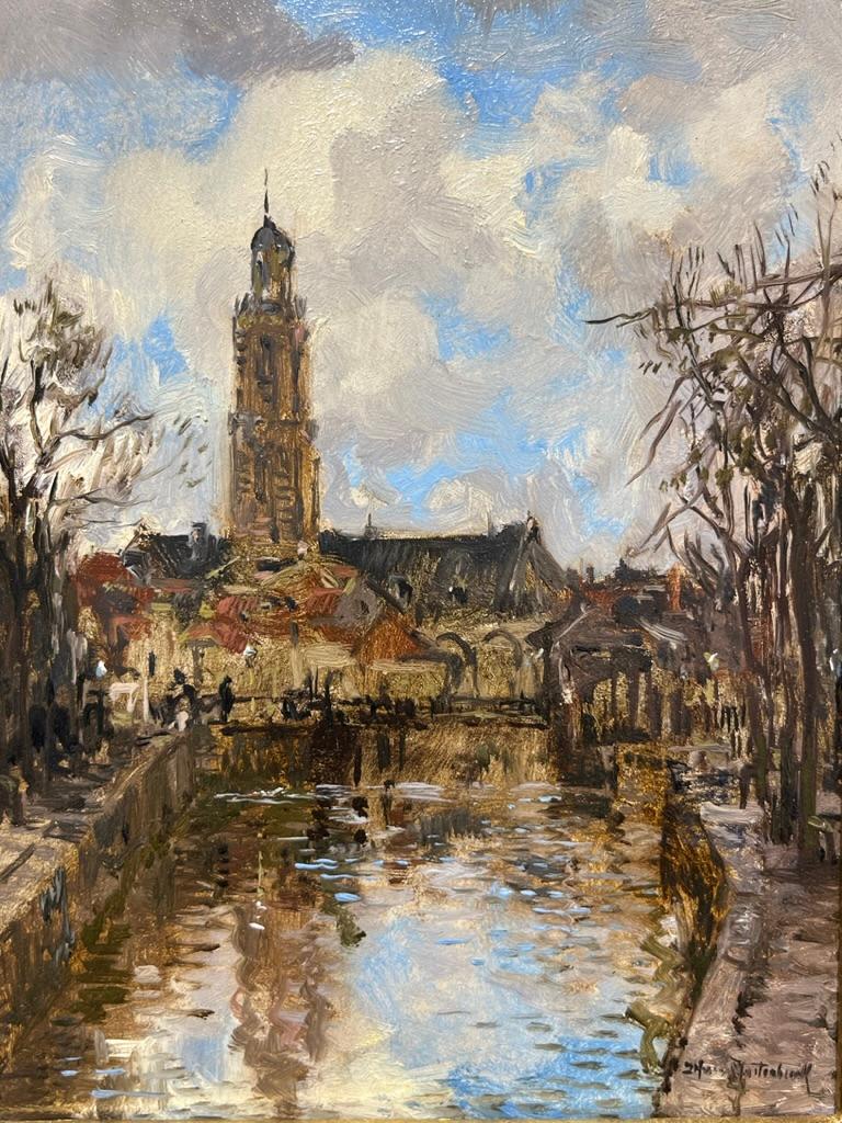 Johan Hendrik van Mastenbroek
Dutch, 1875-1945
View of the Saint Jan, Gouda
Oil on panel
9 5/8 x 7 1/2 in. (24 x 18 cm)
Framed: 19 x 17 inches
Signed lower right: J H van Mastenbroek
Born in 1875 in Rotterdam as the son of paintings dealer,