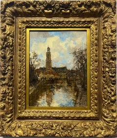 View of the Saint Jan, Gouda, small 19th Century Dutch canal Period frame panel 