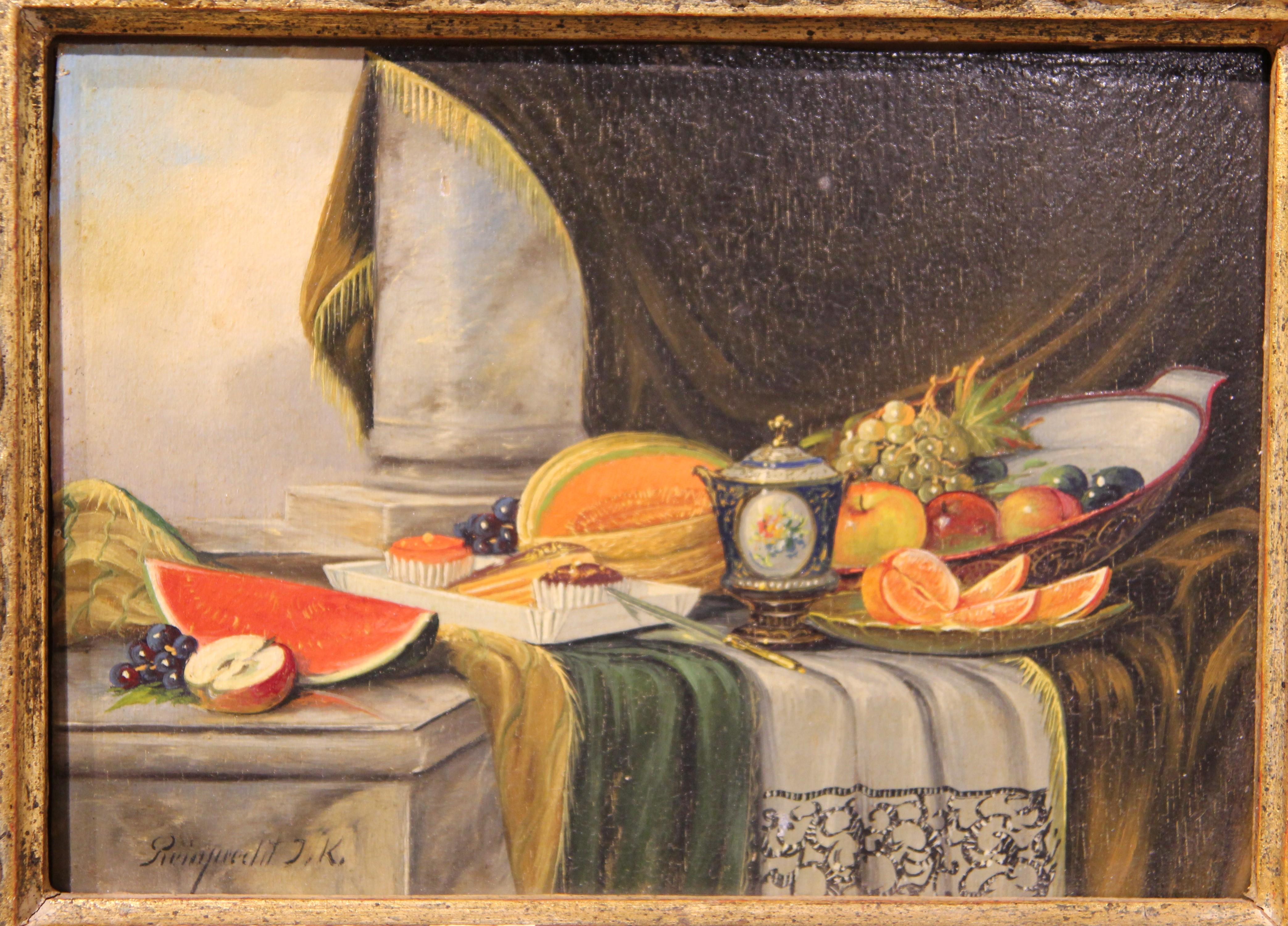 Early 20th Century Realist Still Life Interior Painting with Fruits and Drapery 1