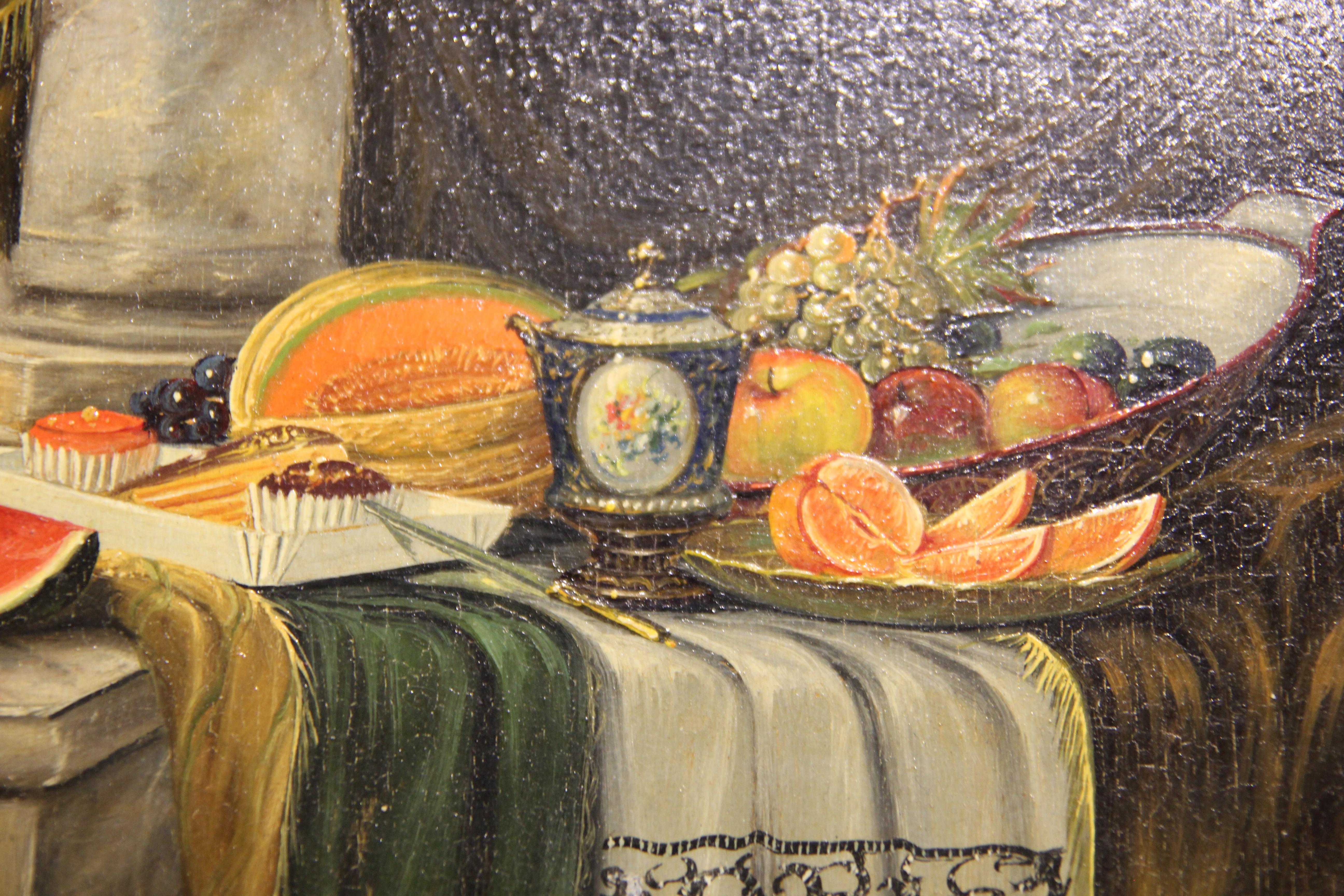 Early 20th Century Realist Still Life Interior Painting with Fruits and Drapery 2