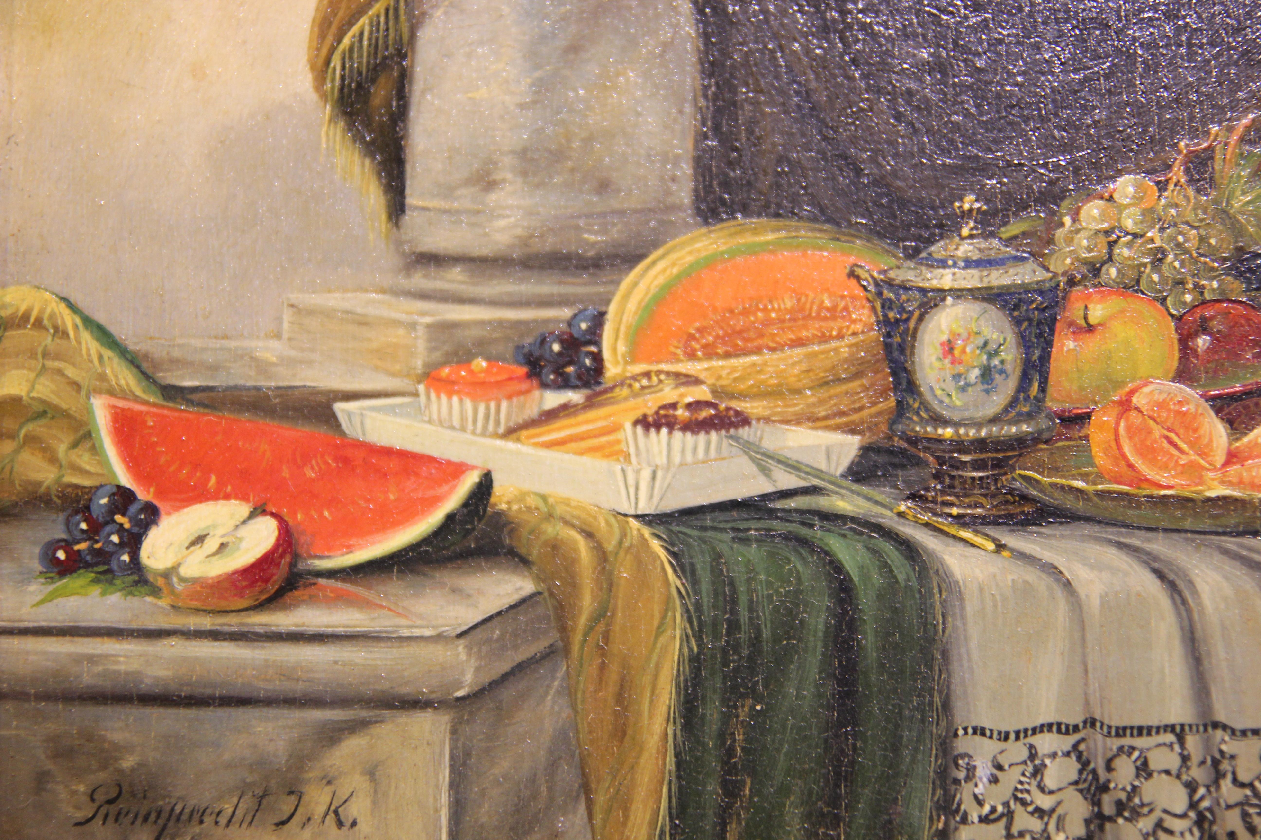 Early 20th Century Realist Still Life Interior Painting with Fruits and Drapery 3