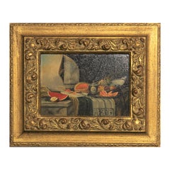 Early 20th Century Realist Still Life Interior Painting with Fruits and Drapery