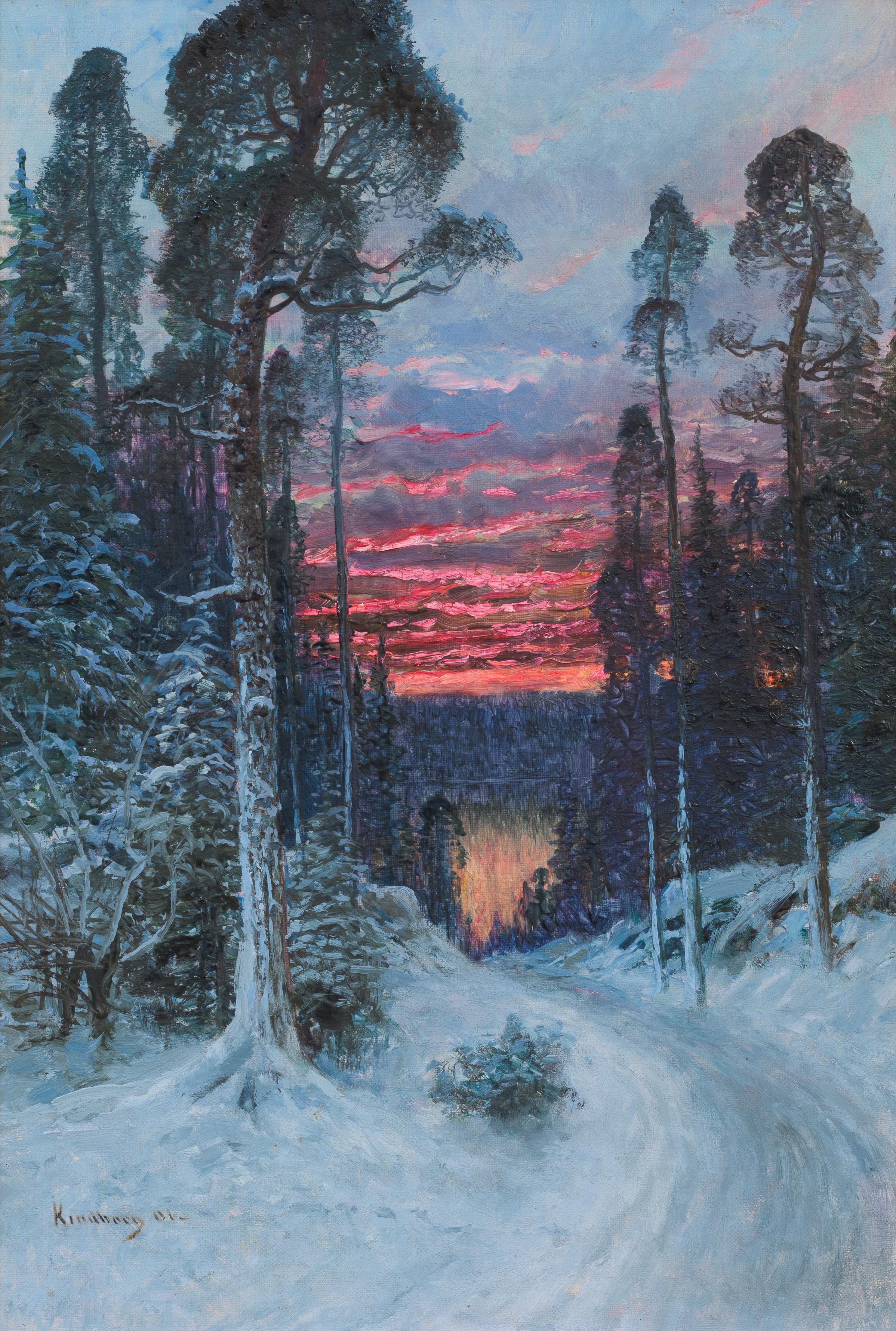 Strada forestale innevata al tramonto: una rara scena di inverno nordico - Painting Impressionismo di Johan Kindborg