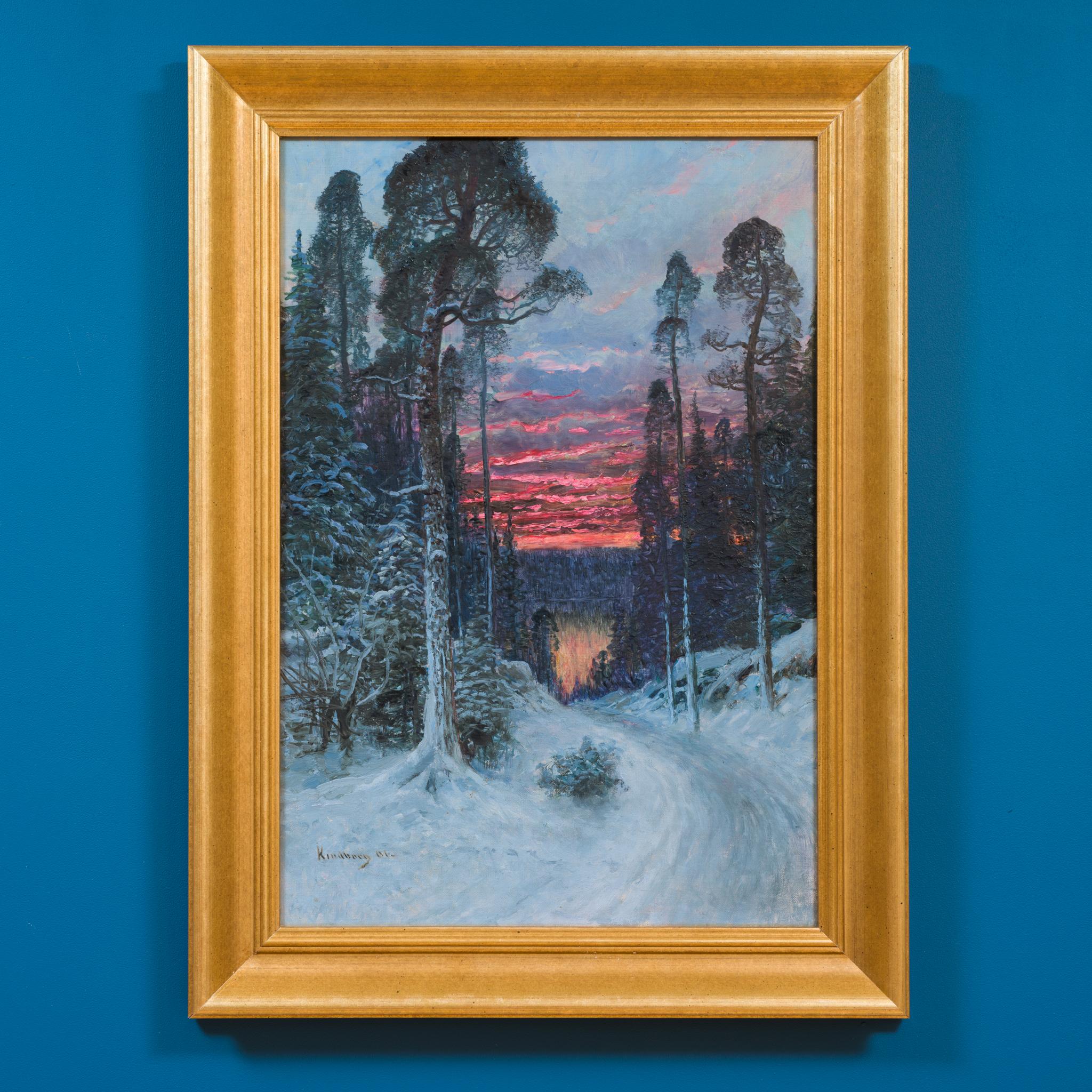 Strada forestale innevata al tramonto: una rara scena di inverno nordico - Landscape Painting Marrone di Johan Kindborg