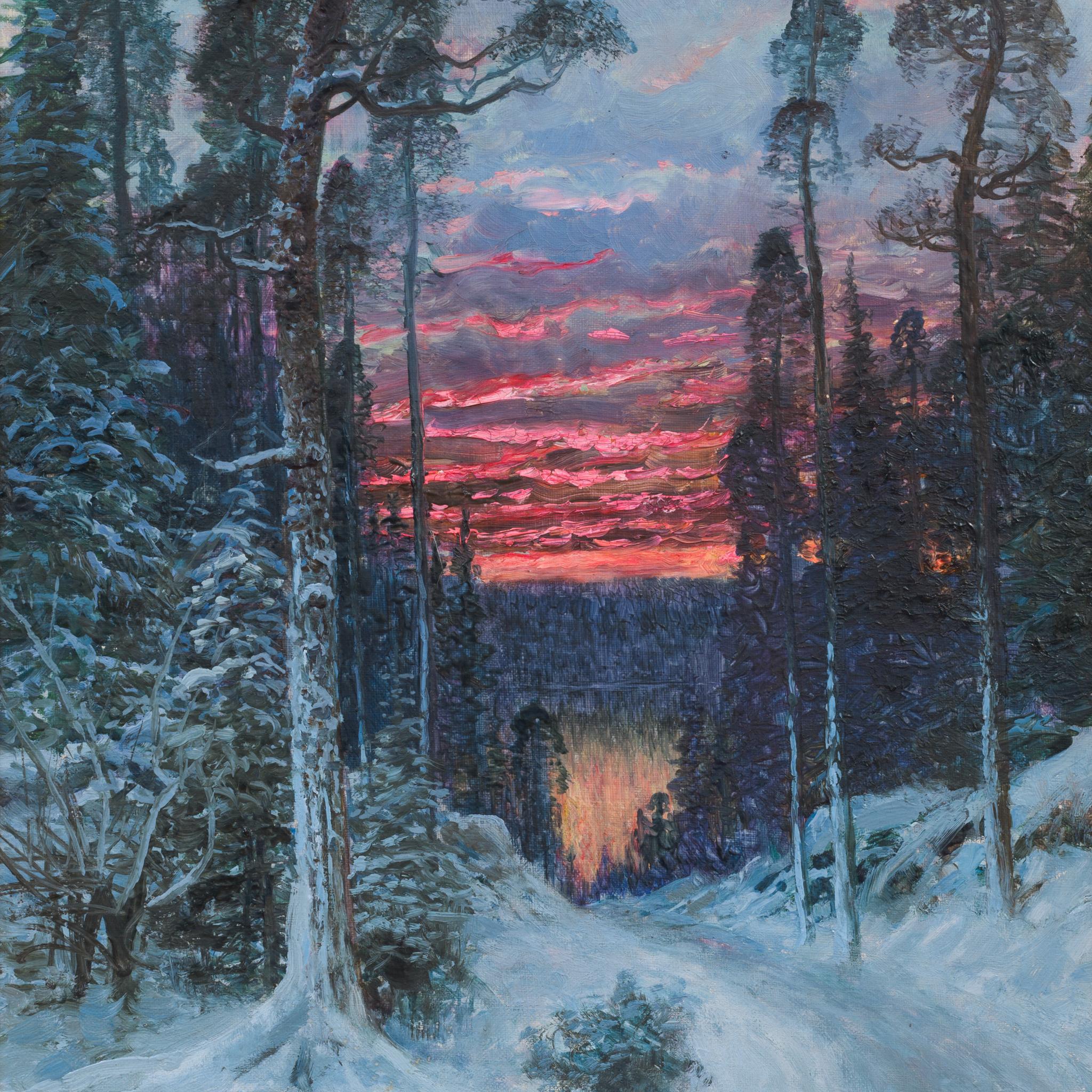 Johan (John Kindborg) (1861-1907) Svezia

Crepuscolo nordico d'inverno, 1901

olio su tela
firmato e datato Kindborg 01.
senza cornice: 48,5 x 33 cm (19 1/8 x 13 in)
incorniciato: 58 x 43 cm (22 7/8 x 16 7/8 in)

Saggio:
Questo affascinante