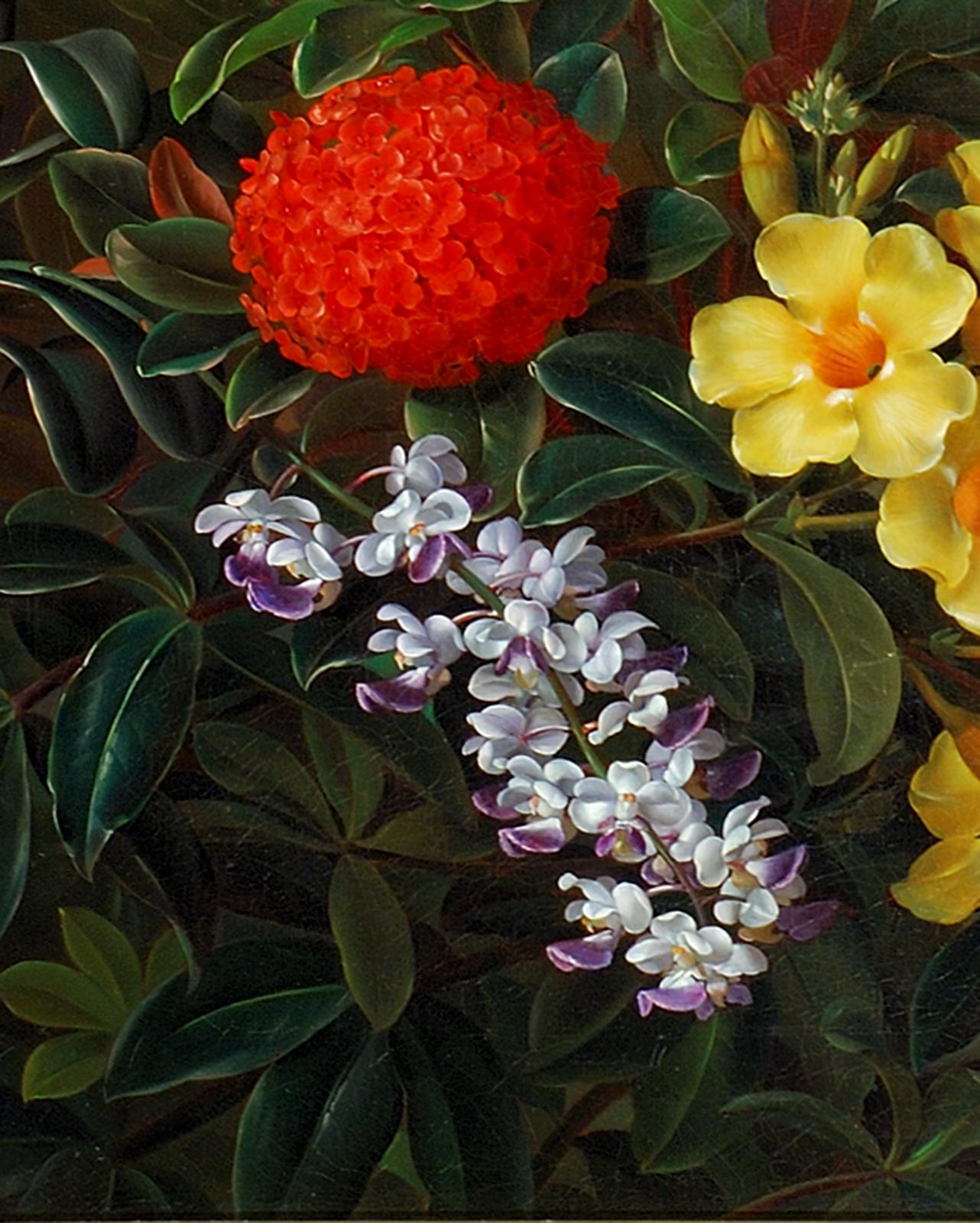 Allemanda, Ixora and Orchids - Black Still-Life Painting by Johan Laurentz Jensen