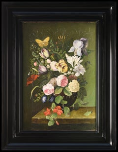 Antique Danish still life painting of a vase of flowers with tulips, lilies, roses