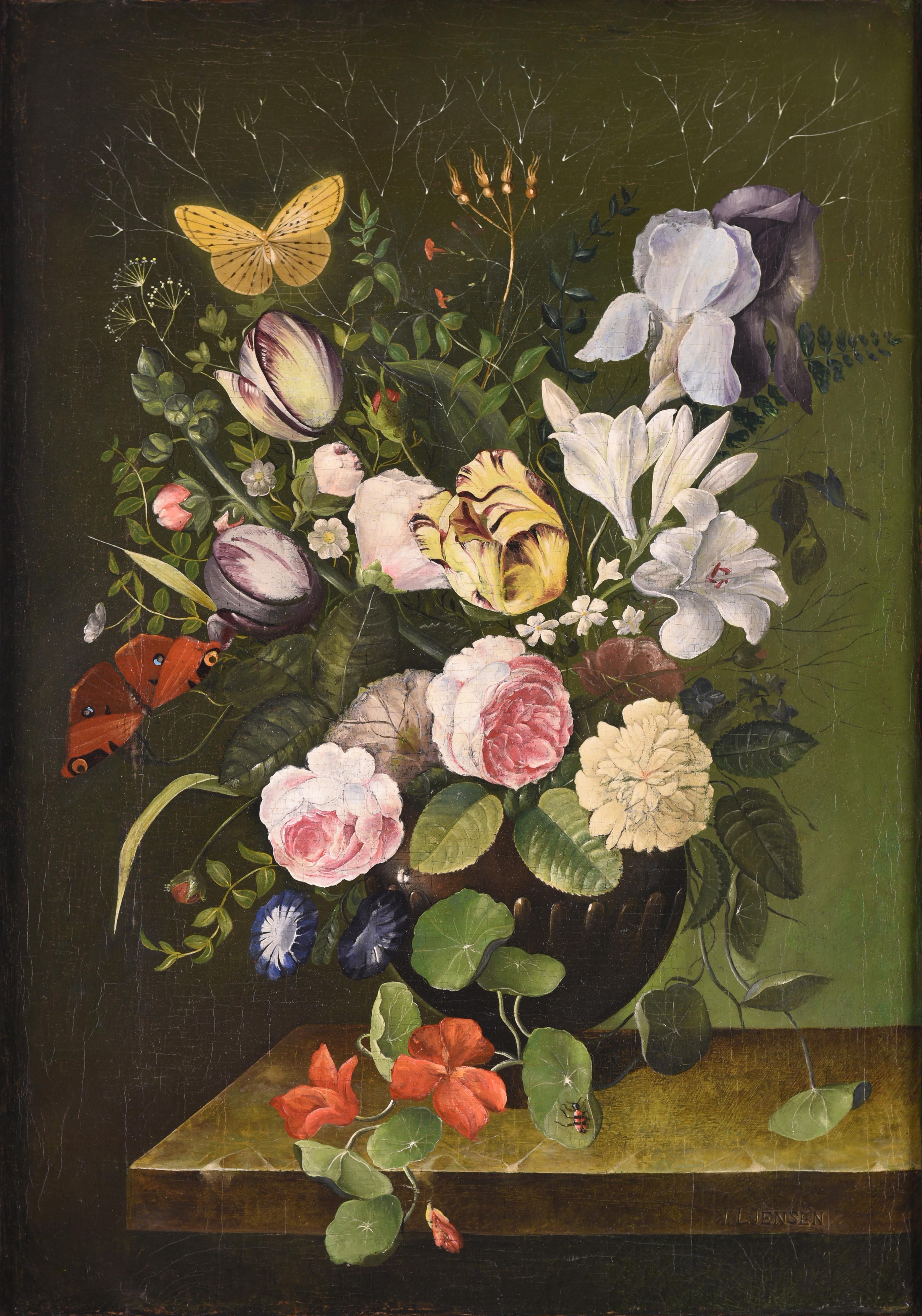 Danish still life painting of a vase of flowers with tulips, lilies, roses - Painting by Johan Laurentz Jensen