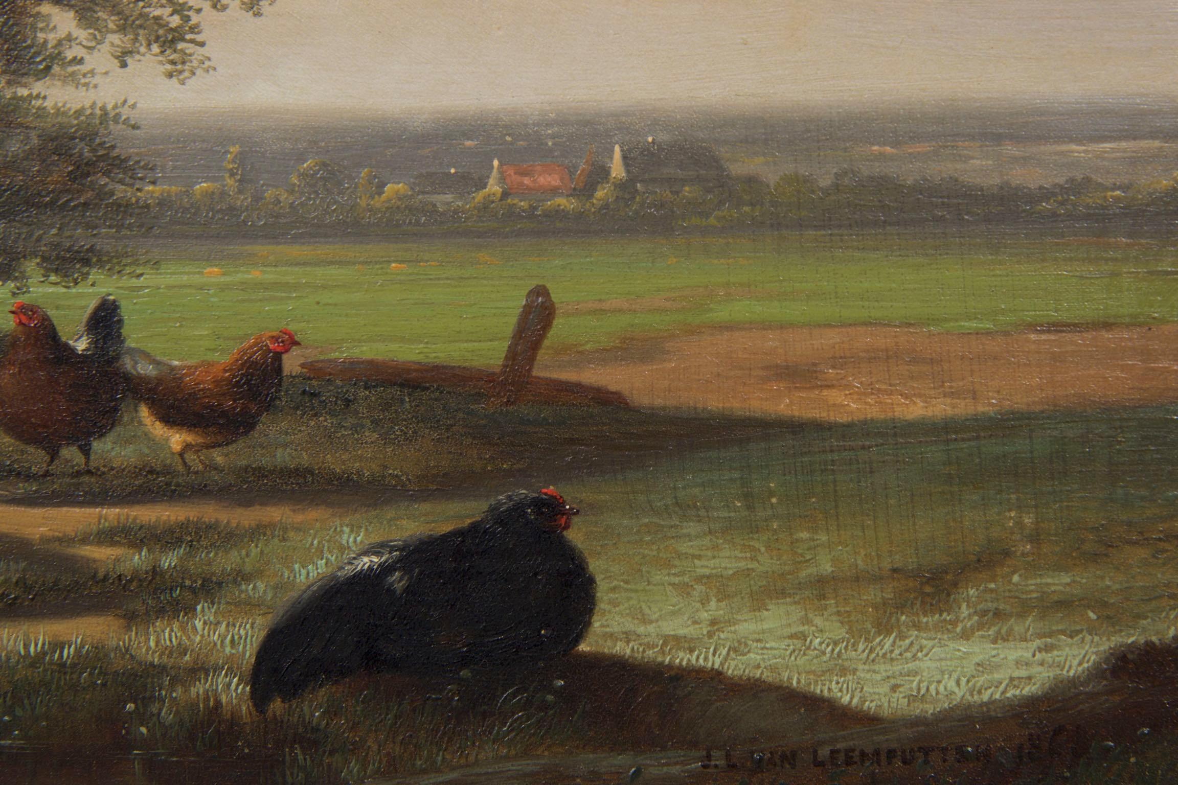Johan Leemputten Antique Landscape Oil Painting “Countryside Fowl”, circa 1868 5