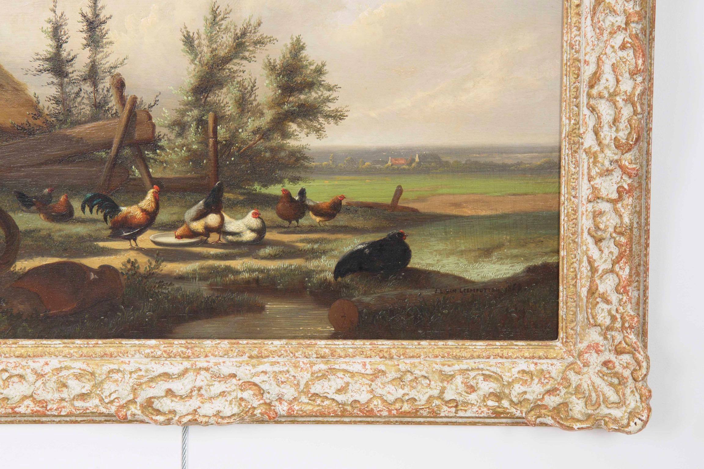 Belgian Johan Leemputten Antique Landscape Oil Painting “Countryside Fowl”, circa 1868