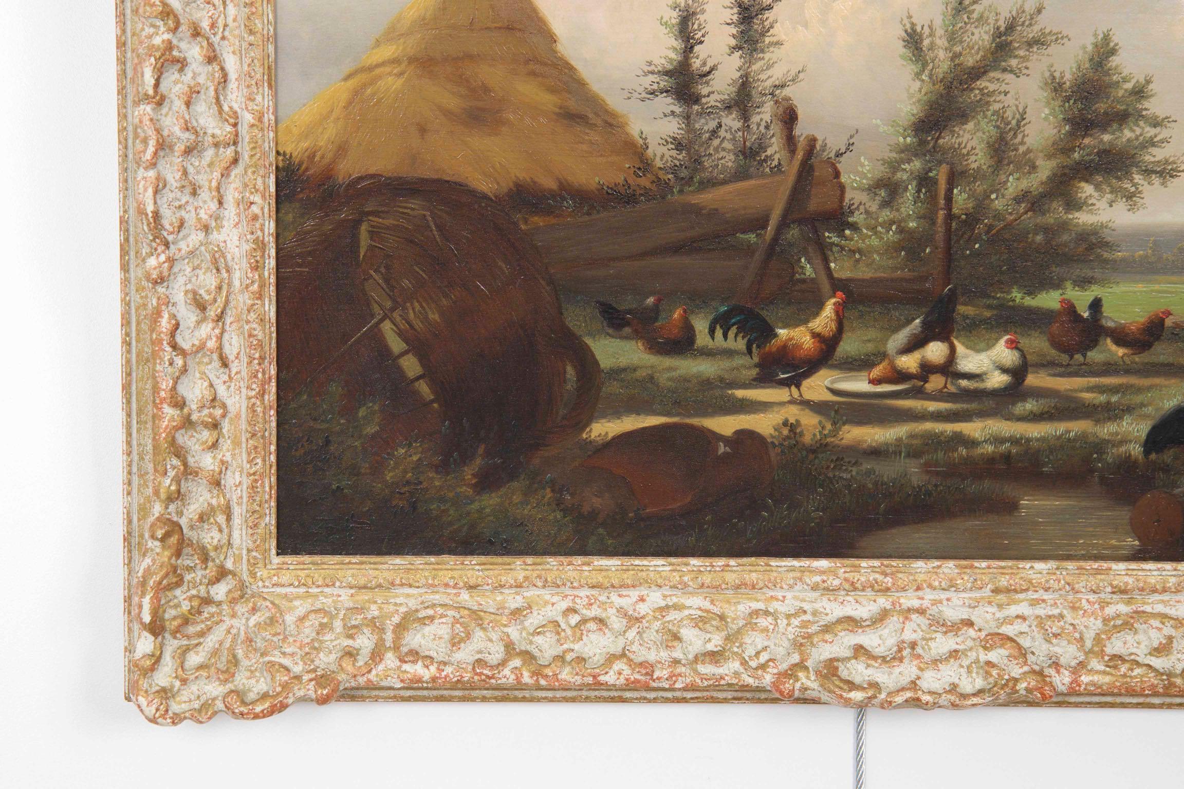 Oiled Johan Leemputten Antique Landscape Oil Painting “Countryside Fowl”, circa 1868