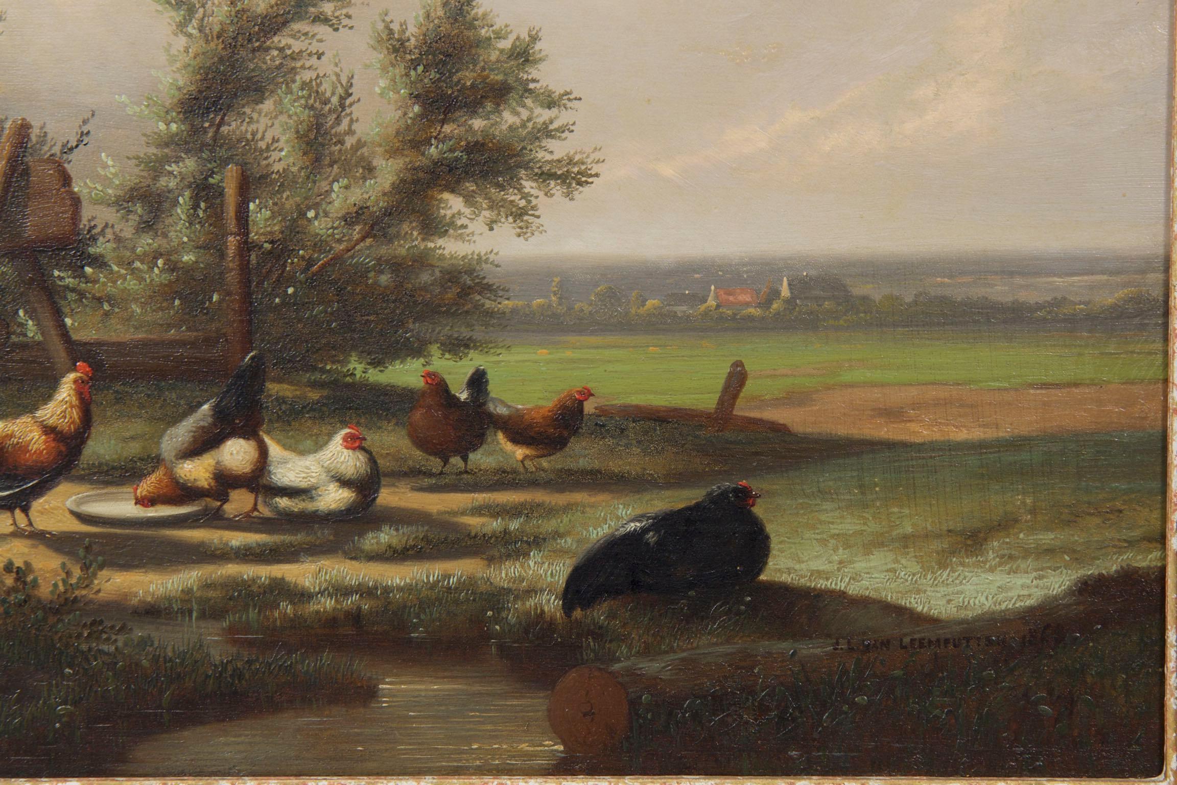 Johan Leemputten Antique Landscape Oil Painting “Countryside Fowl”, circa 1868 1