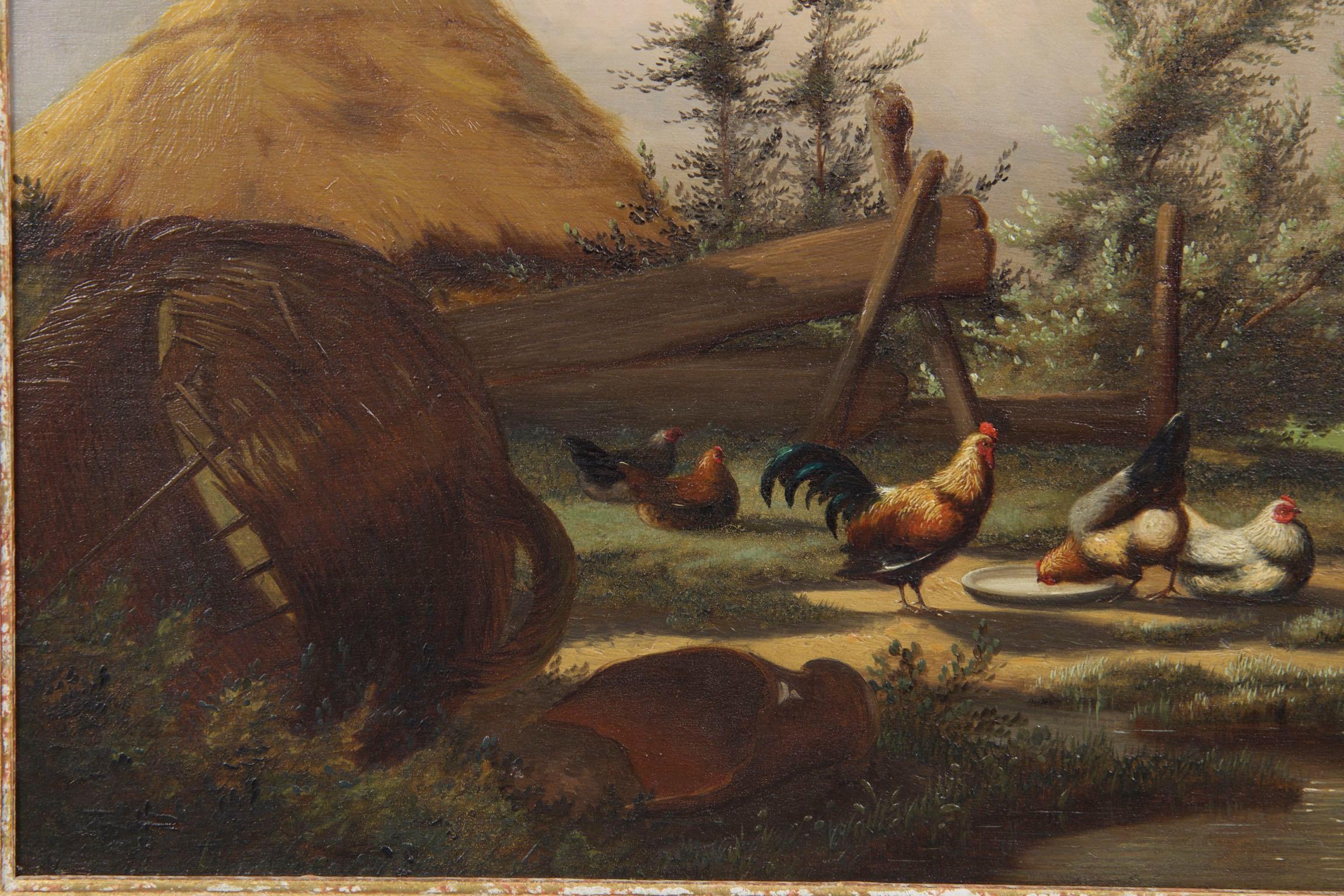 Johan Leemputten Antique Landscape Oil Painting “Countryside Fowl”, circa 1868 2