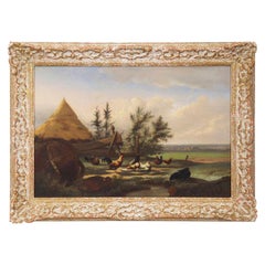 Johan Leemputten Antique Landscape Oil Painting “Countryside Fowl”, circa 1868