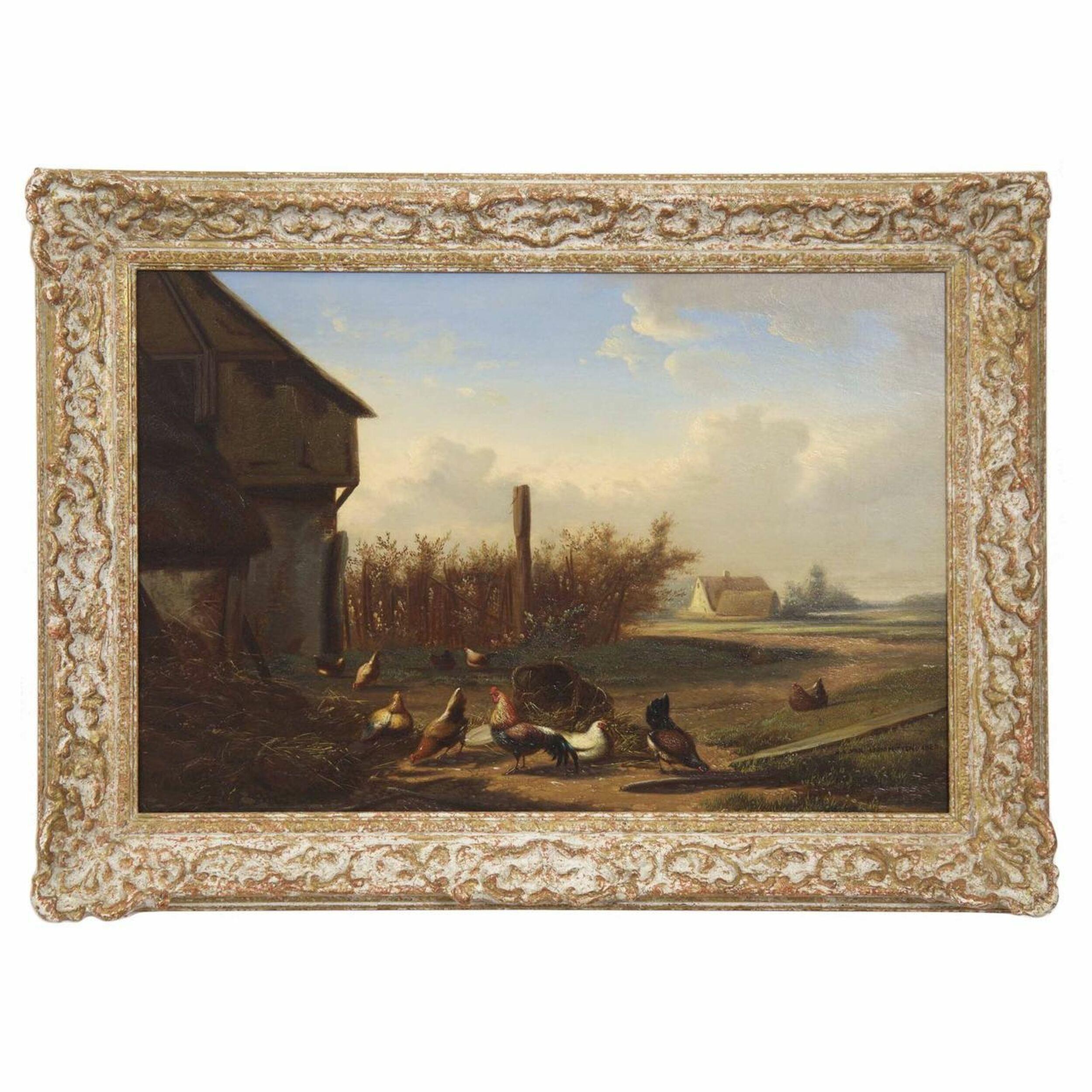 A meticulously painted scene of roosters and hens pecking about in the dirt for grubs and seeds beside a plaster barn with its thatched roofing before large flat pasture and a group of farm houses in the distance, the painting is typical of