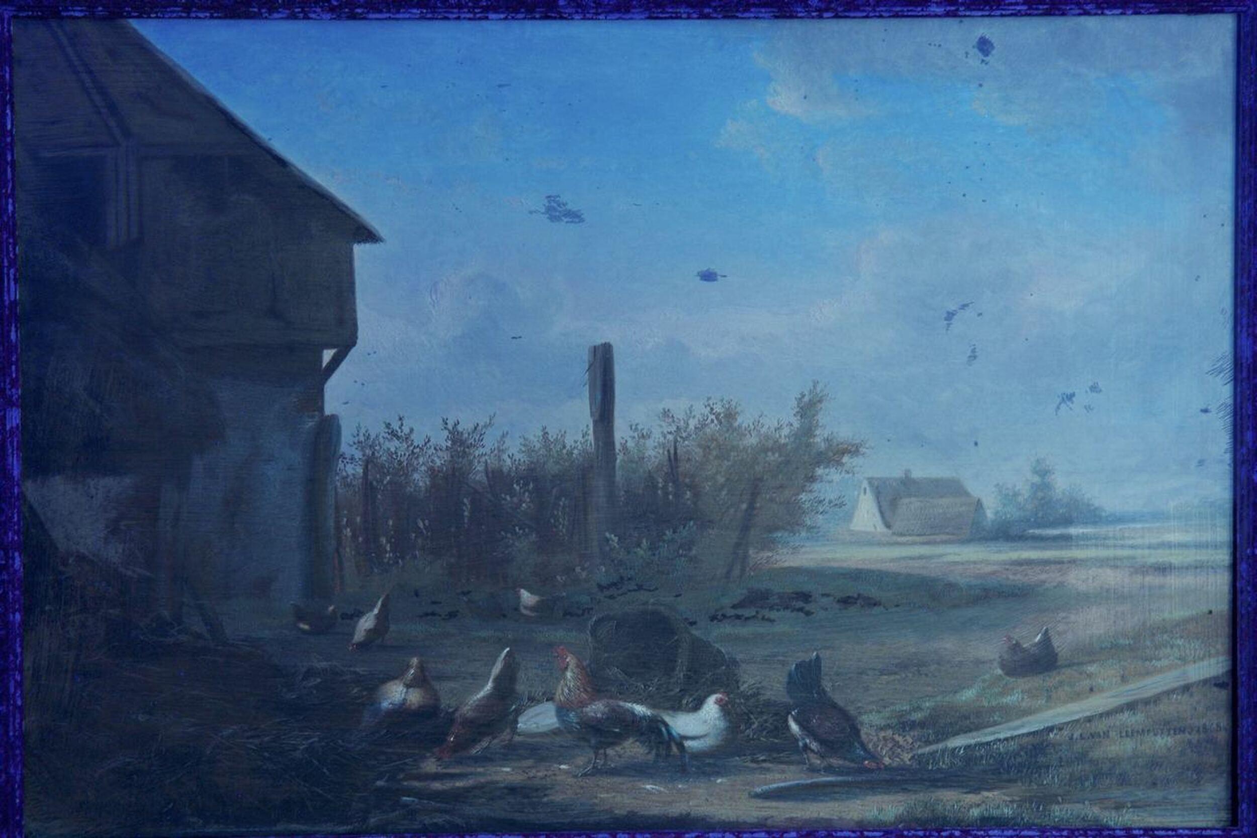 Belgian Johan Leemputten, Landscape Oil Painting of Farmyard Fowl, Belgium, circa 1868