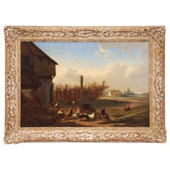 Antique Johan Leemputten, Landscape Oil Painting of Farmyard Fowl, Belgium, circa 1868