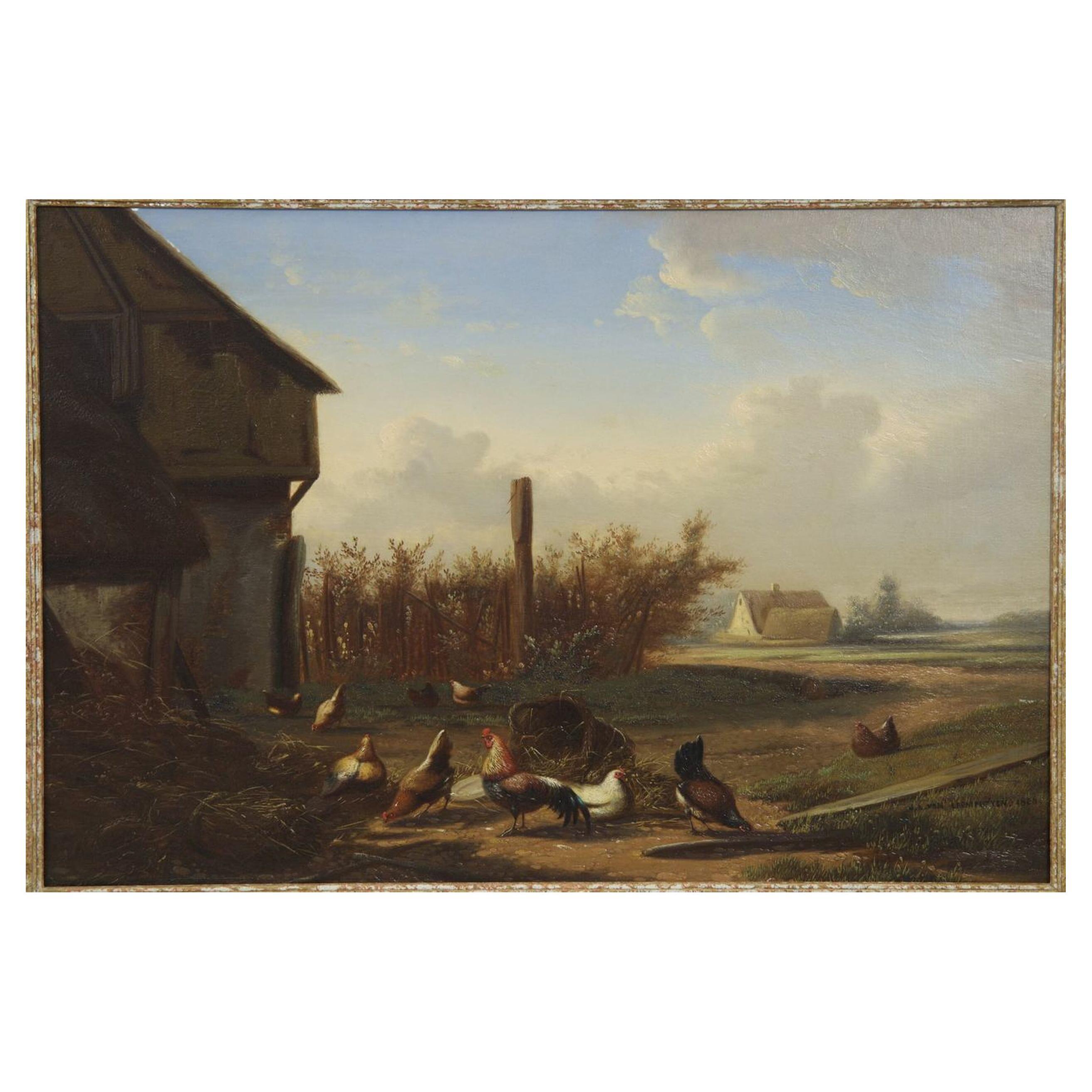 Johan Leemputten, Landscape Oil Painting of Farmyard Fowl, Belgium, circa 1868