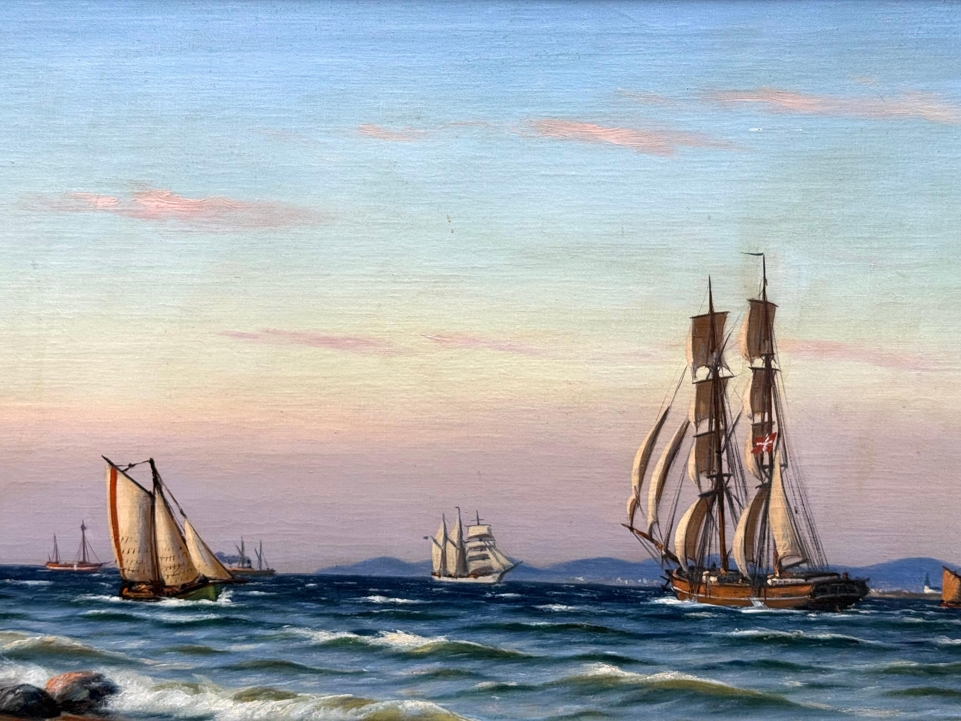 “Sailing Ships off the Coast” - Gray Landscape Painting by Johan Neumann