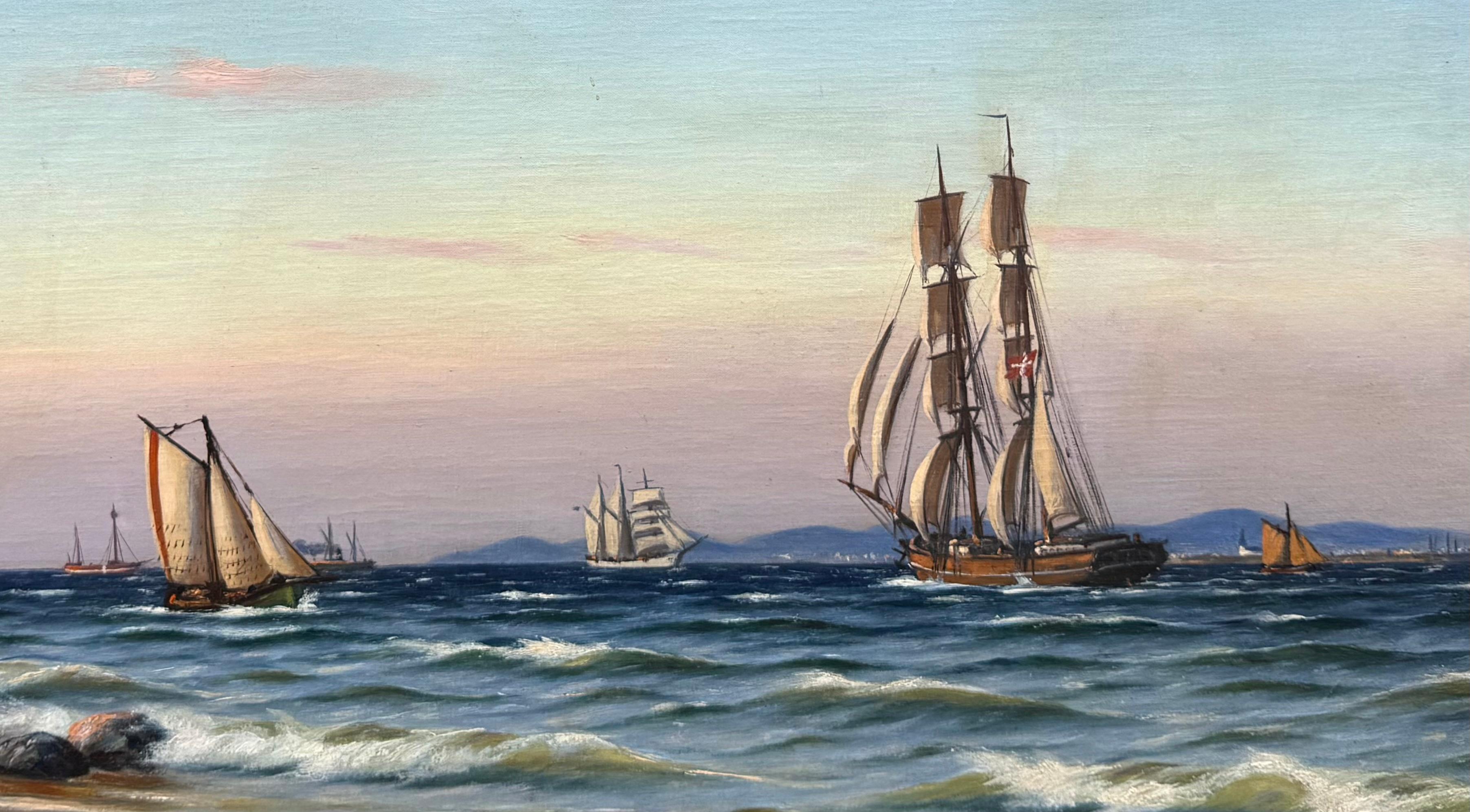 Original oil on canvas painting of sailing ships off the Danish coast by the marine artist, Johan Jens Neumann.  Signed lower left and dated 1921.  Slightly covered by frame. Condition is excellent; no restorations.  Original gold leaf frame in fine