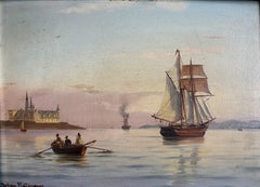 Johan Neumann (1860-1940) Peinture marine - Voiliers au large de Kronborg