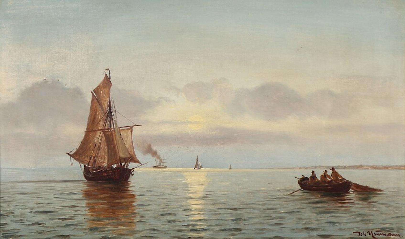 Johan Neumann: “I Sundet. Måneopgang i August”. Moonlight view of the sound in August. Signed Joh. Neumann. Oil on canvas. Measures: 31.5 × 53 cm.