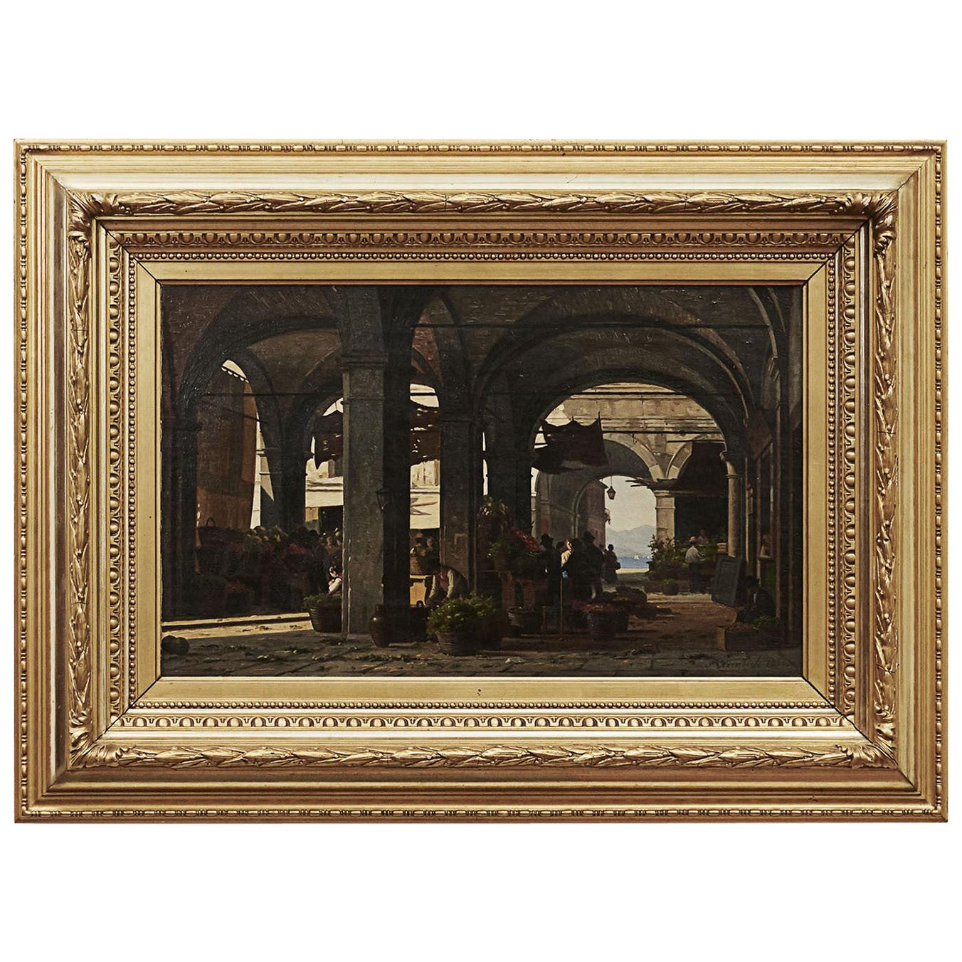 Antique Painting Johan Peter Kornbeck , "Marketplace at Lake Garda", Italy