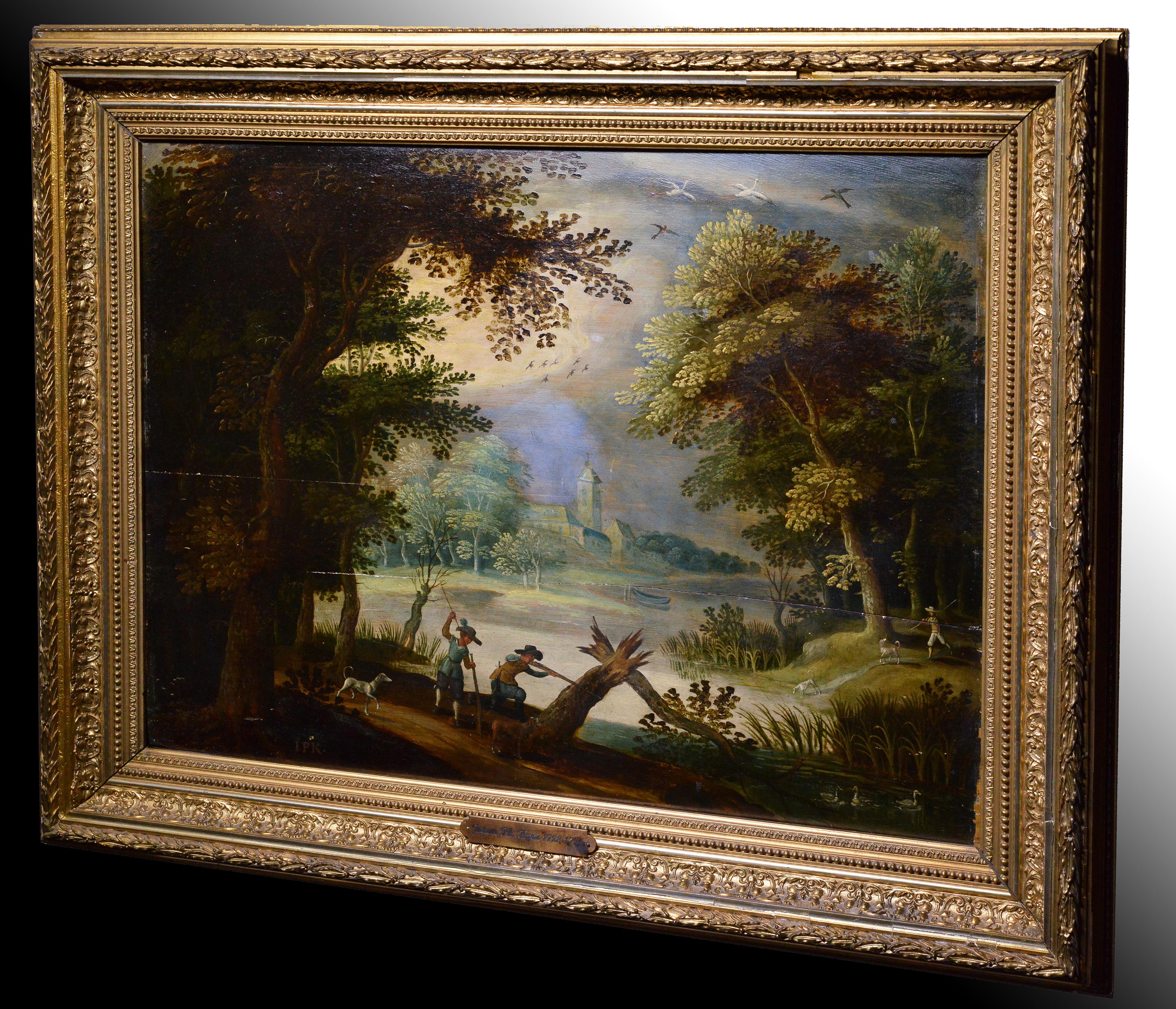 Animal scene Duck hunting with dogs 18th century Swedish Master by Philip Korn - Painting by Johan Philip Korn