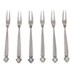 Antique Johan Rohde for Georg Jensen, Six Early Acanthus Cold Meat Forks, 1920s-1930s