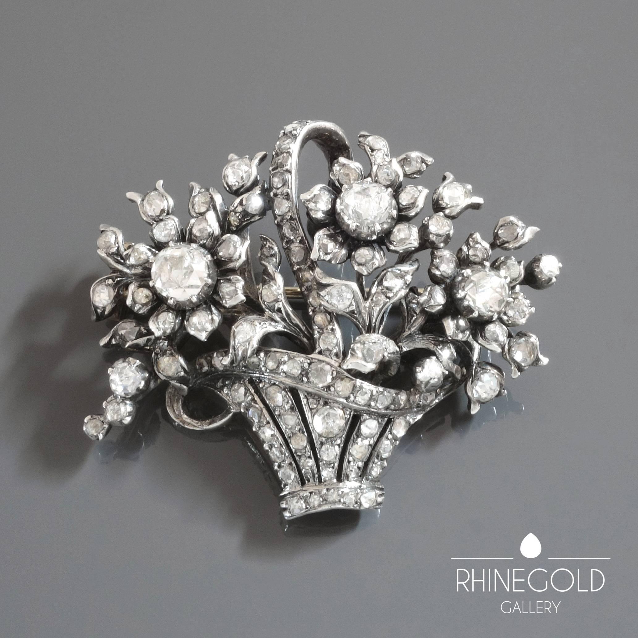 Retro Johan Rozendaal Dutch Rose Diamond Gold Silver Giadinetto Flower Basket Brooch For Sale