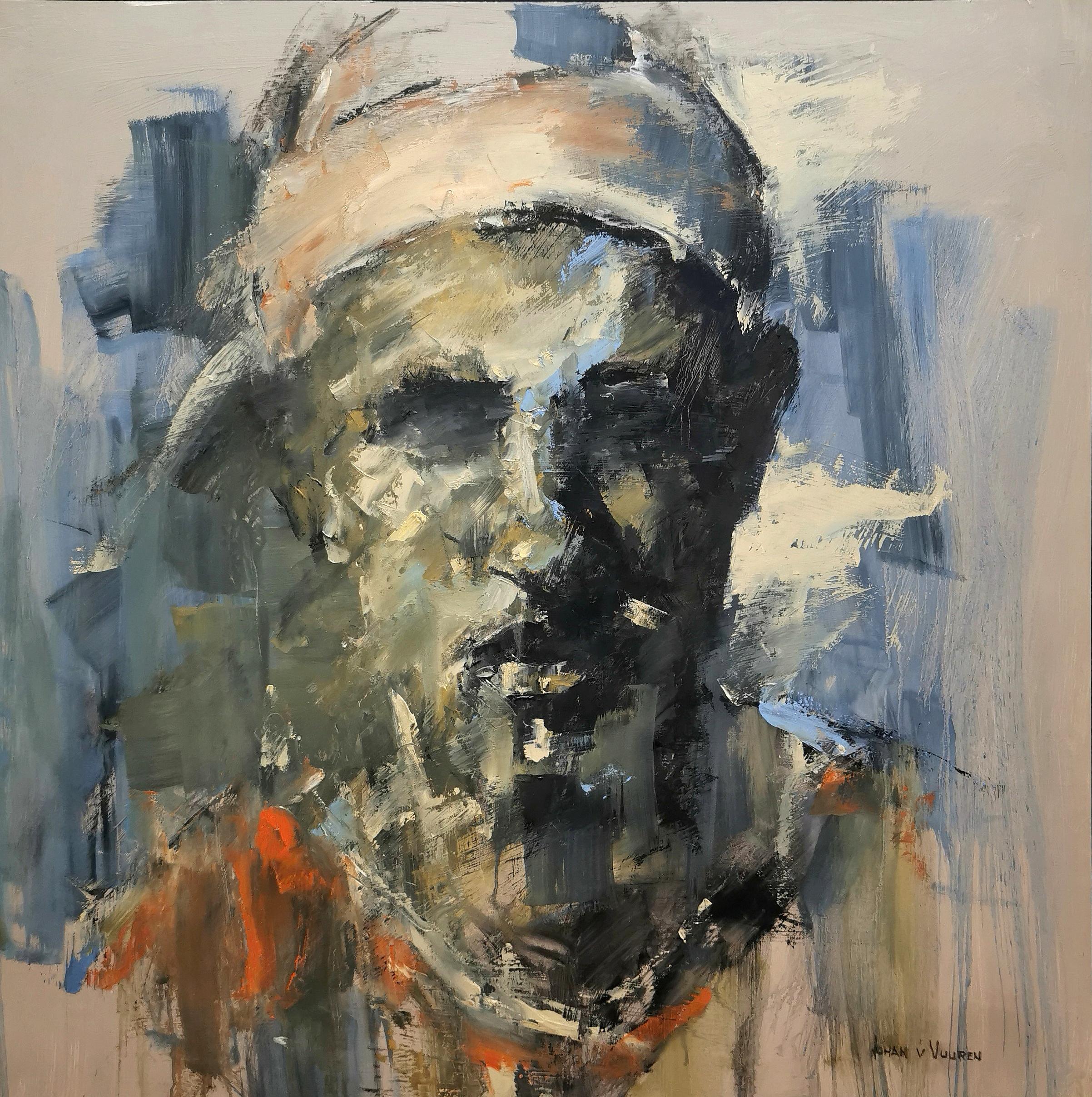 Johan van Vuuren Abstract Painting - Oil on Board Abstract Expressive Portrait "Man with Hat"