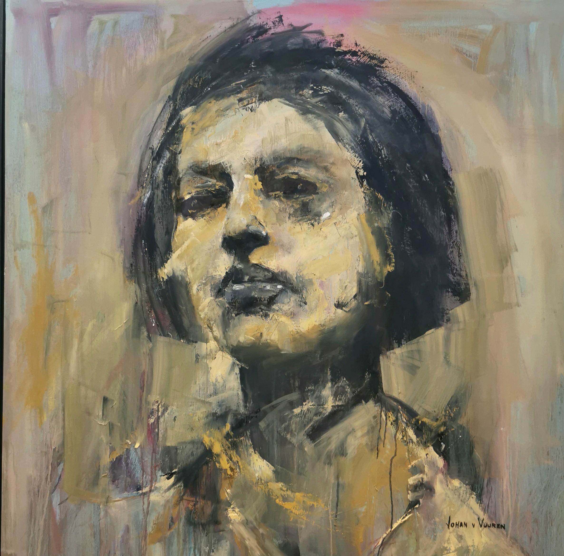 Johan van Vuuren Portrait Painting - Oil on Board Abstract Expressive Portrait "Woman"