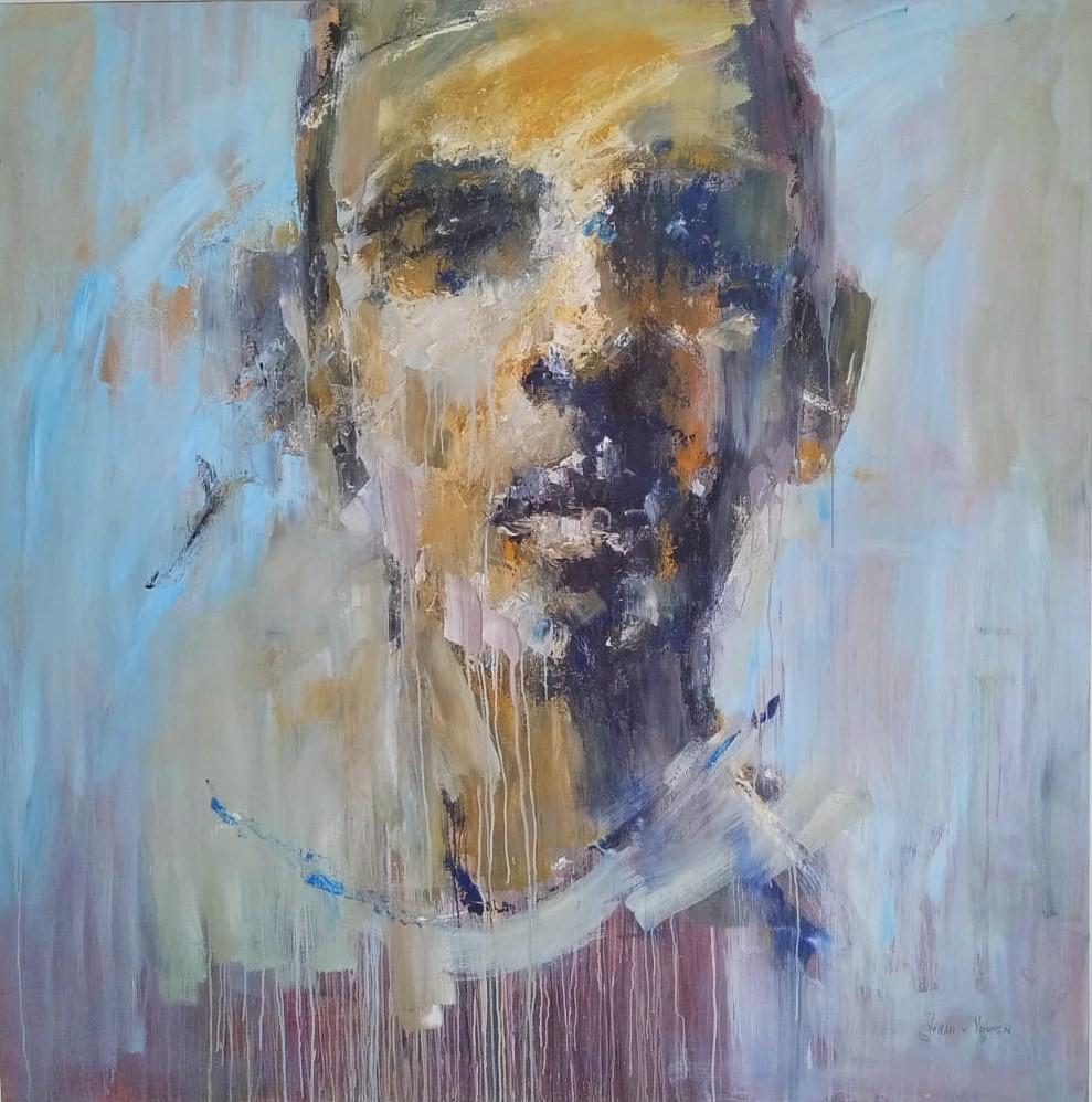 Johan van Vuuren Abstract Painting - Oil on Board Abstracted Expressive Painting "Large Blue Portrait"