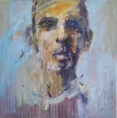 Oil on Board Abstracted Expressive Painting "Large Blue Portrait"