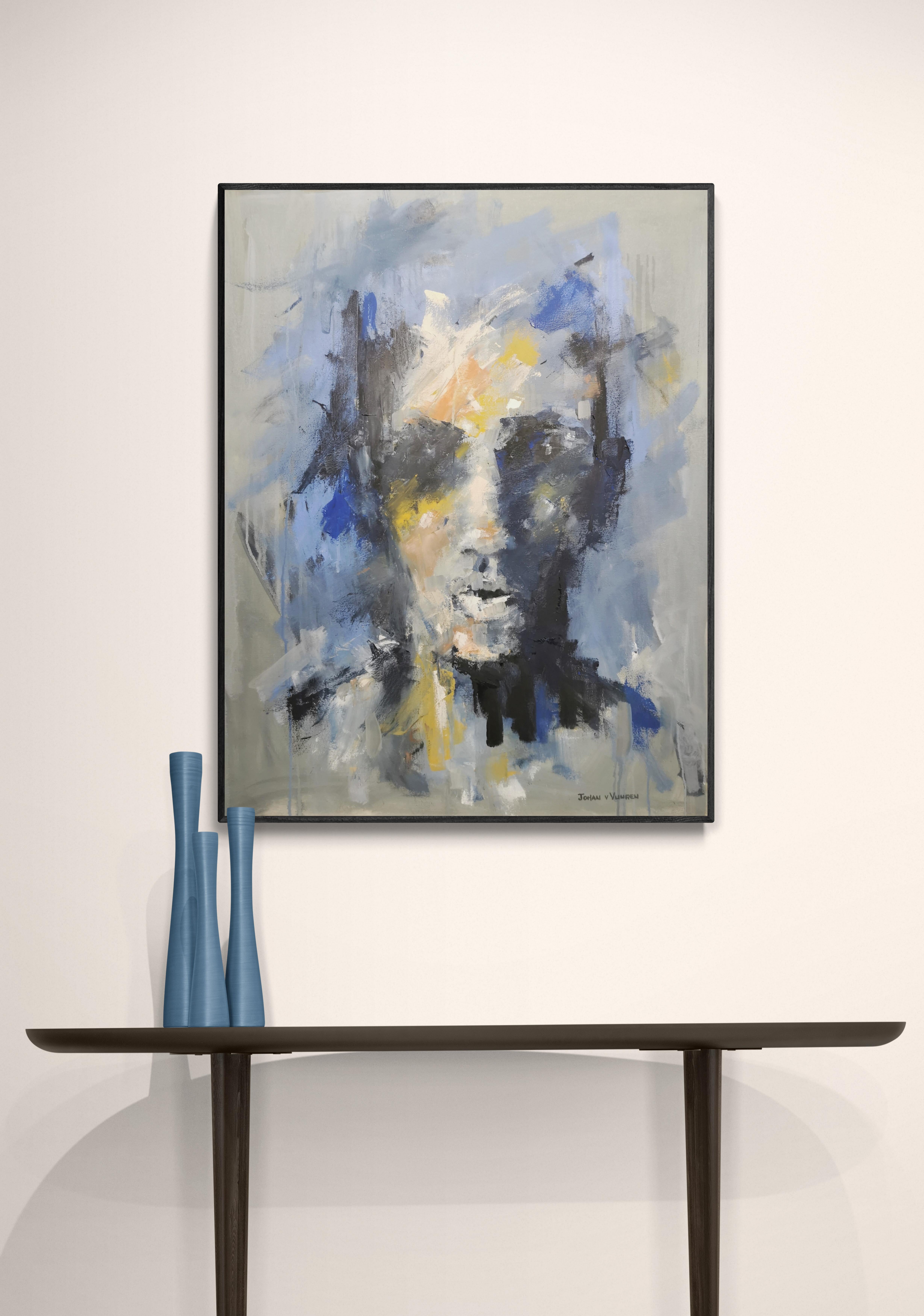 Oil on Canvas Expressive Blue Portrait  - Painting by Johan van Vuuren