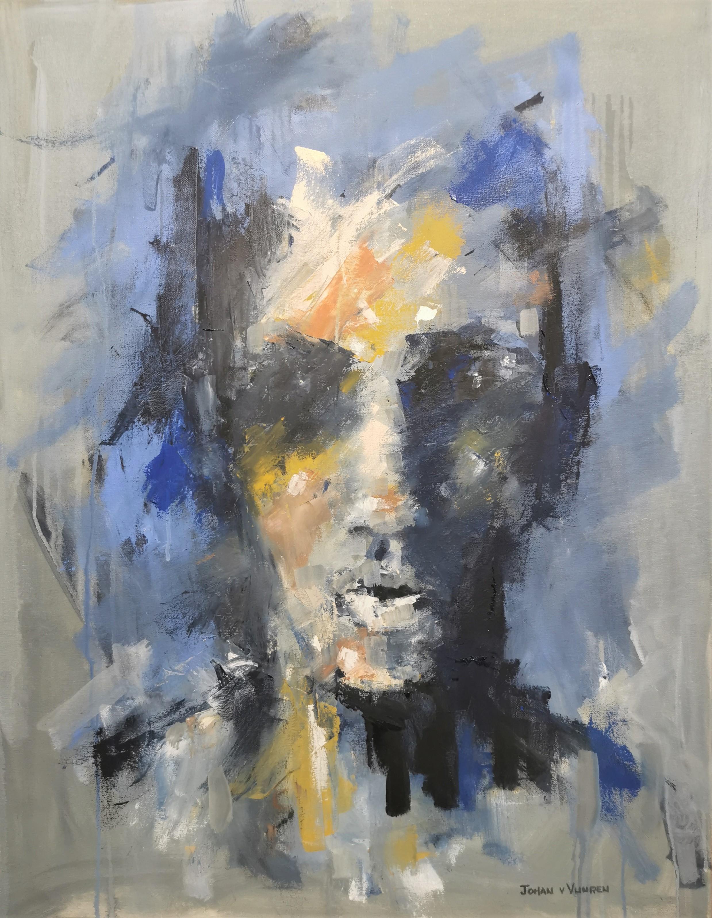 Johan van Vuuren Abstract Painting - Oil on Canvas Expressive Blue Portrait 