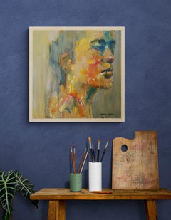 Óleo amarillo y naranja sobre tabla Pintura abstracta de retrato expresivo "Perfil"