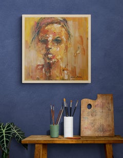 Óleo amarillo y naranja sobre tabla Pintura abstracta de retrato expresivo "Sin título"