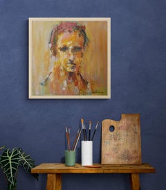 Óleo amarillo y naranja sobre tabla Pintura abstracta de retrato expresivo "Sin título"