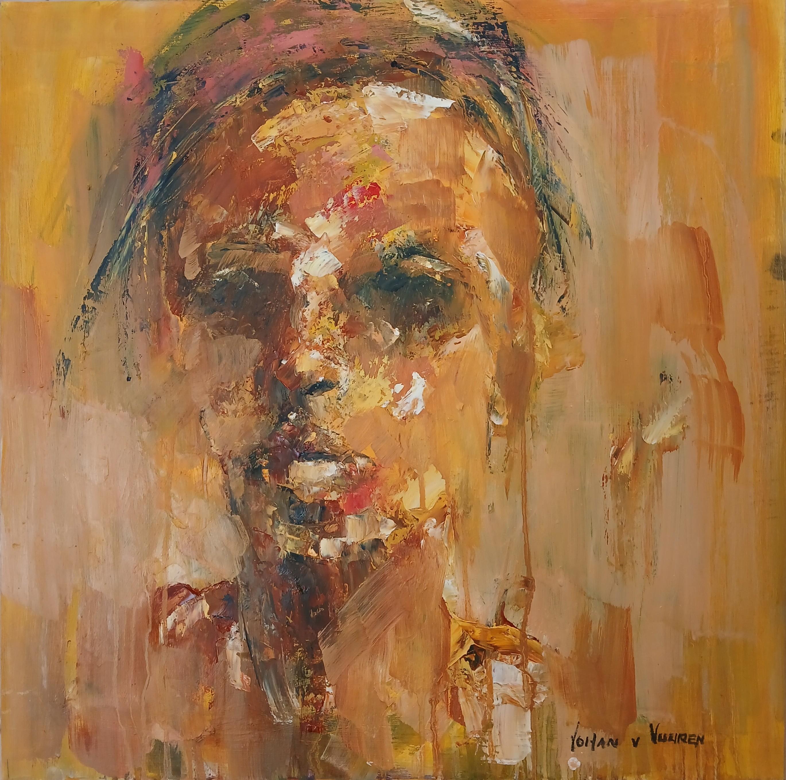 Johan van Vuuren Abstract Painting – Gelb und Orange Öl auf Karton Abstraktes ausdrucksstarkes Portraitgemälde "Ohne Titel"